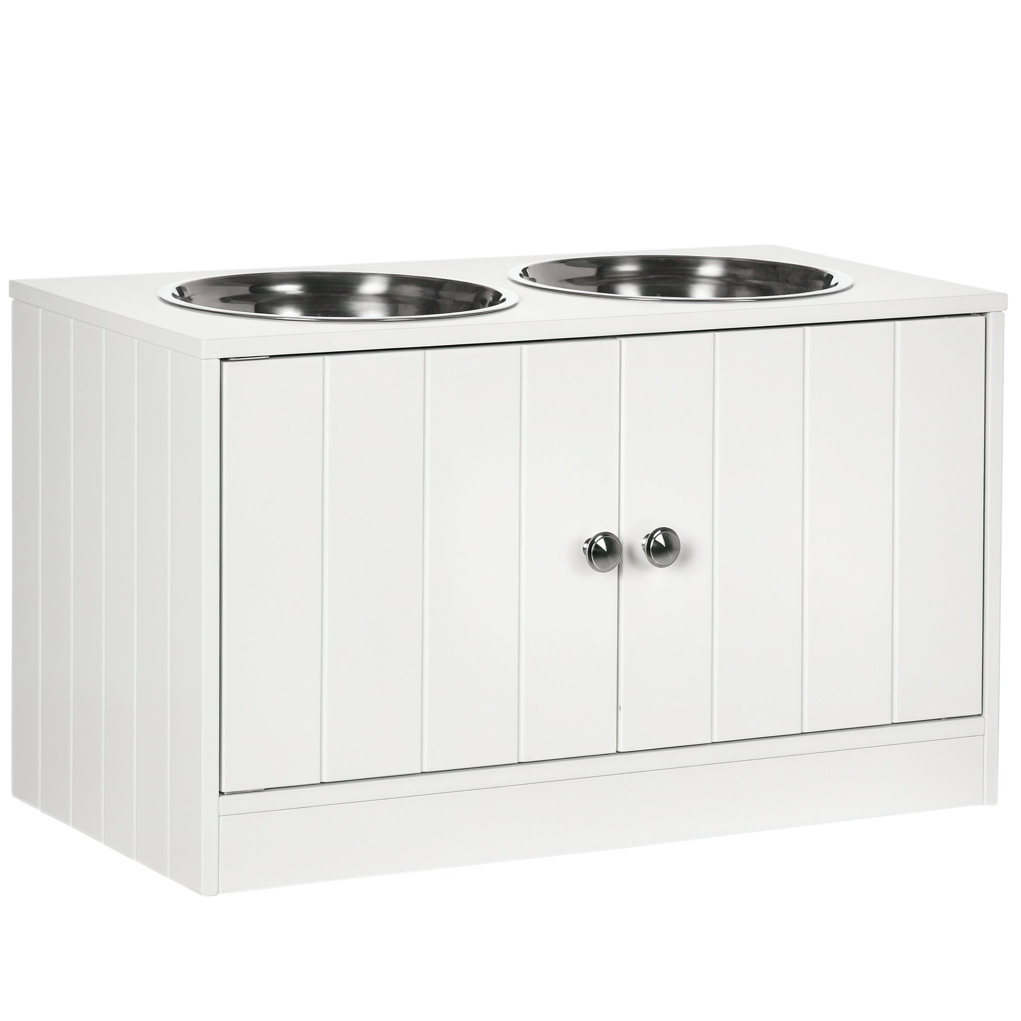 Large Elevated Dog Bowls with Storage Cabinet Containing Large 44L Capacity, Raised Dog Bowl Stand Pet Food Bowl Pet Feeding Station, White
