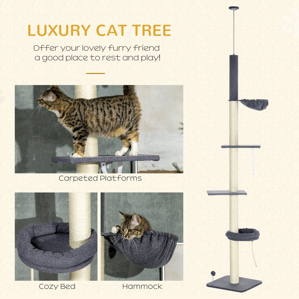 Floor-to-Ceiling Cat Tree 5-Tier, 95¨C106in Adjustable Height, Bed & Hammock, Scratching Posts with Toy, Indoor Cat Tower, Dark Gray/Cream
