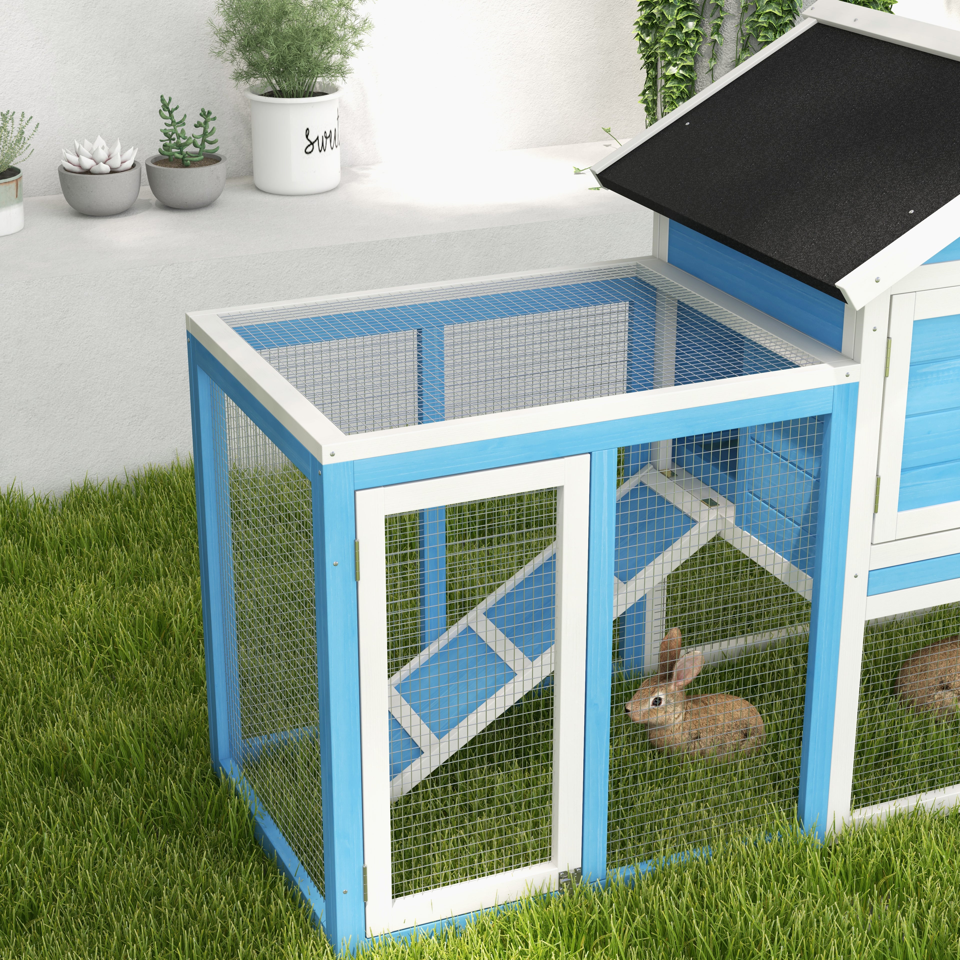 48" Wooden Rabbit Hutch Bunny Cage with Waterproof Asphalt Roof, Fun Outdoor Run, Removable Tray and Ramp, for Rabbits, Chickens, Ducks, Light Blue