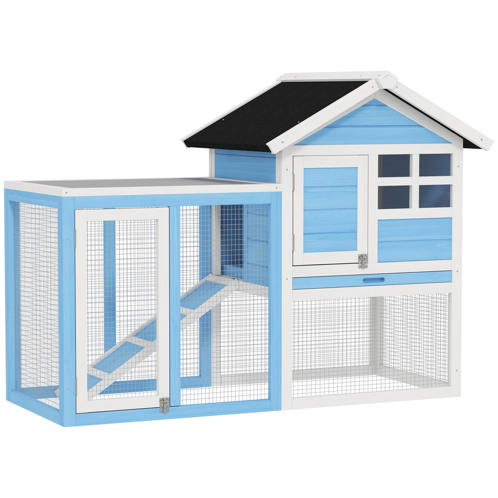 48" Wooden Rabbit Hutch Bunny Cage with Waterproof Asphalt Roof, Fun Outdoor Run, Removable Tray and Ramp, for Rabbits, Chickens, Ducks, Light Blue