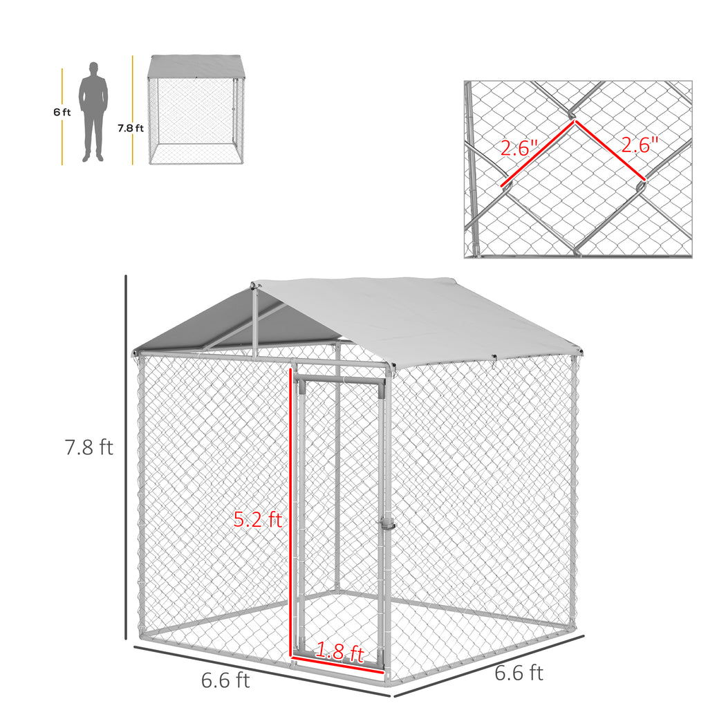 6.6' x 6.6' x 7.8' Dog Kennel Outdoor for Small Medium Dogs with Waterproof Roof, Silver