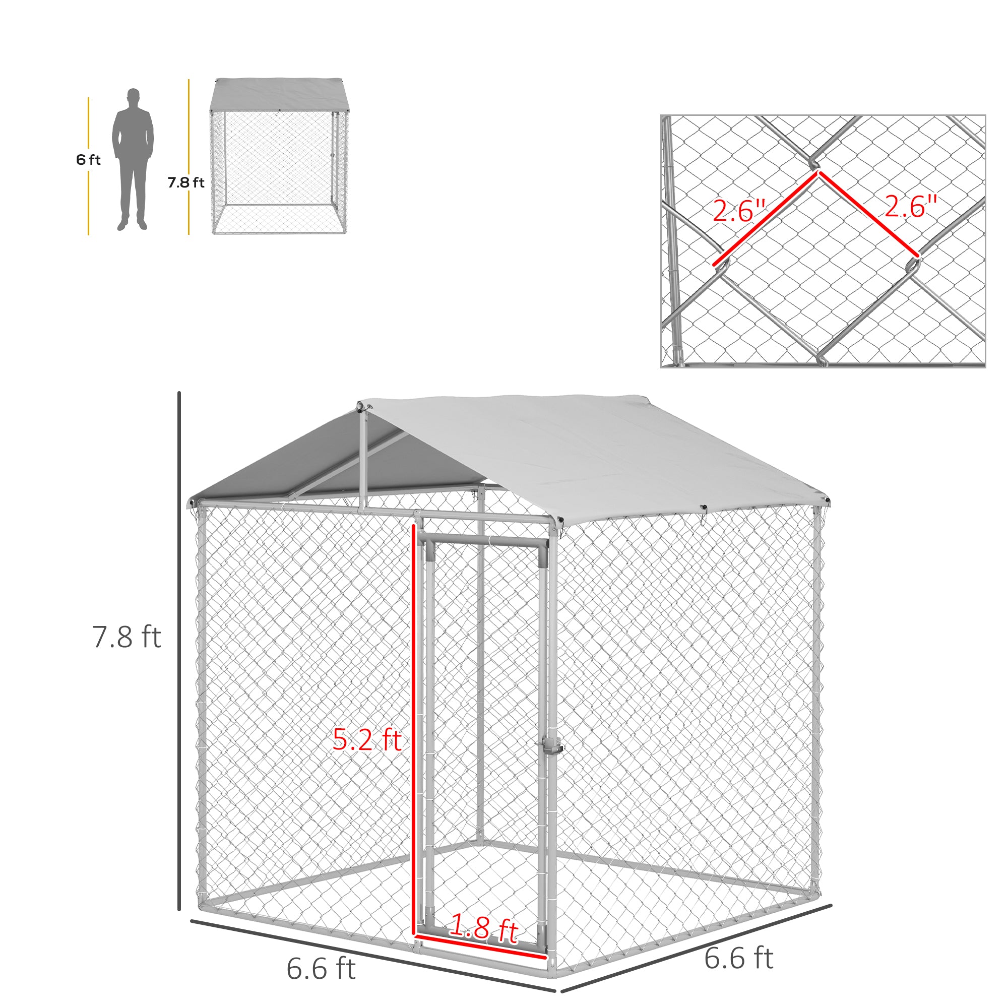 6.6' x 6.6' x 7.8' Dog Kennel Outdoor for Small Medium Dogs with Waterproof Roof, Silver