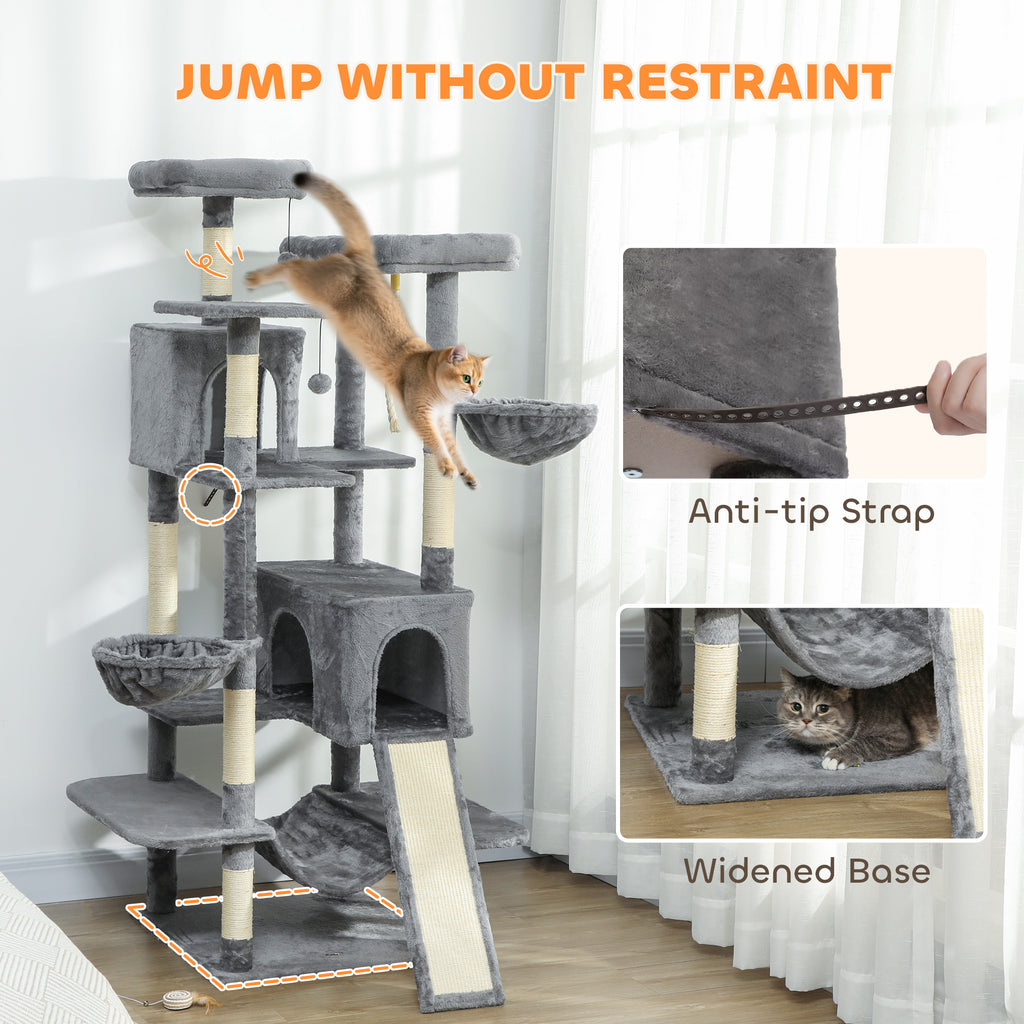 69" Tall Cat Tree for Indoor Cats - Multi-Level Cat Tower with 2 Condos & 3 Hammocks, 8 Sisal Scratching Posts, Dark Gray Furniture for Multiple Cats, Anti-Tip Stable Design
