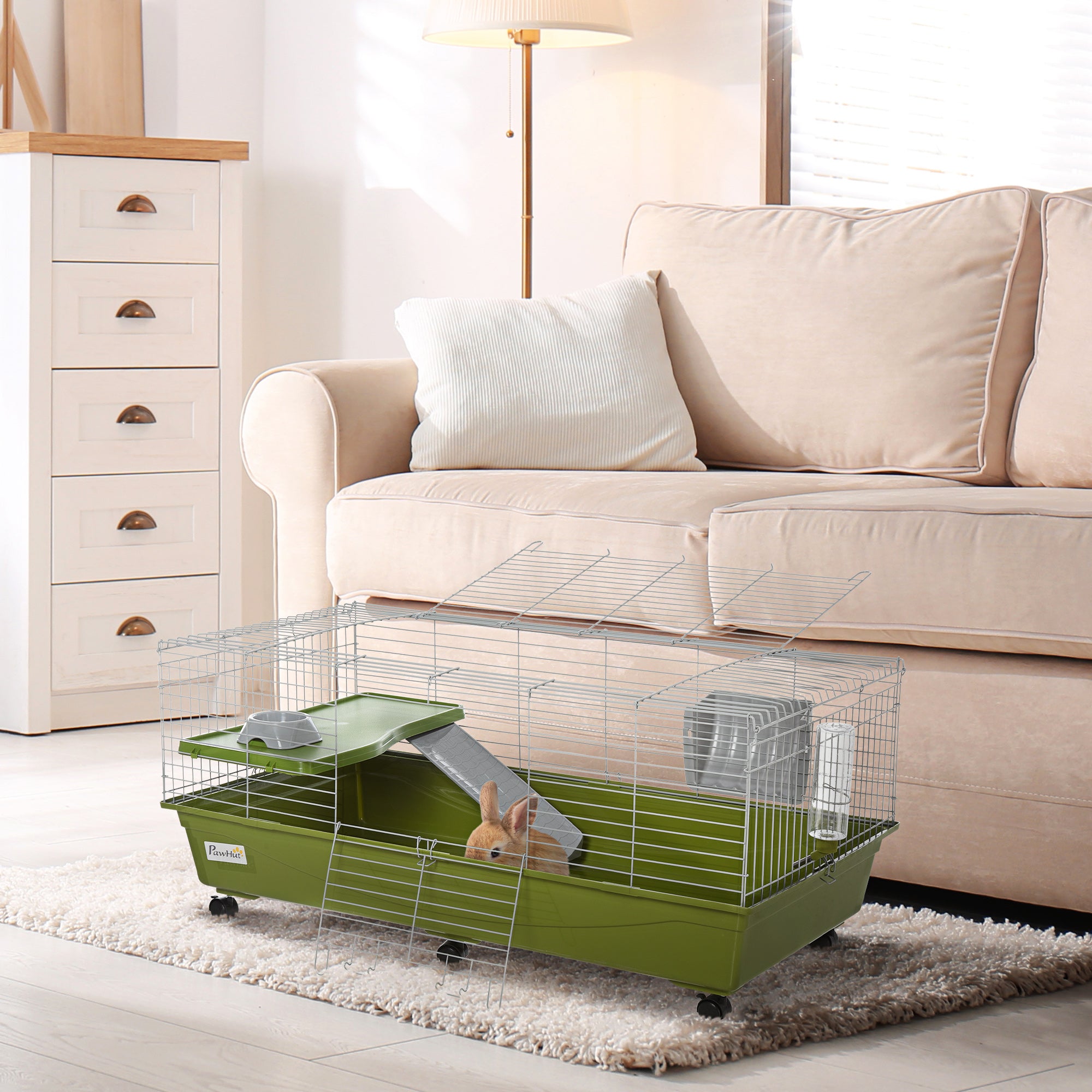 47" Small Animal Cage Chinchilla Guinea Pig Hutch Pet House with Platform Ramp, Food Dish, Wheels, & Water Bottle