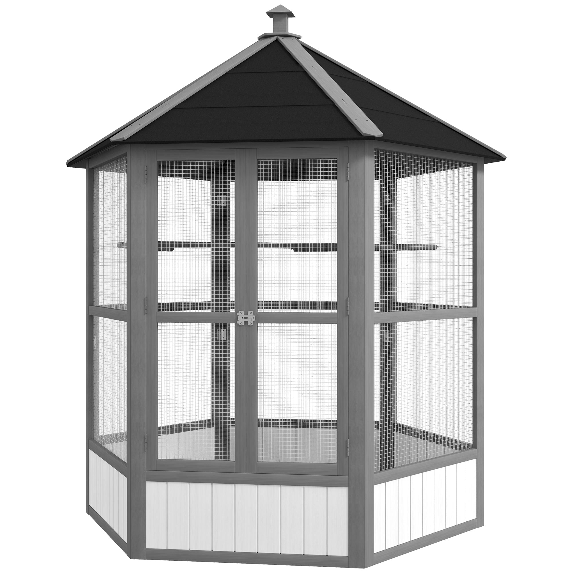 69" Wooden Hexagonal Outdoor Aviary Flight Bird Cage With Covered Roof, Light Gray