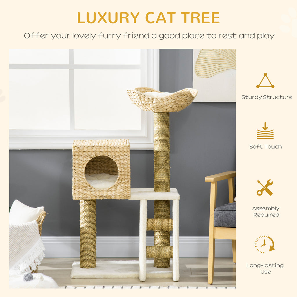 39.5" Natural Cattail Weave Cat Tree - Boho Rattan Cat Tower with Wicker Condo & Bed, 3-Tier Kitty Activity Center with Ladder & Washable Cushions