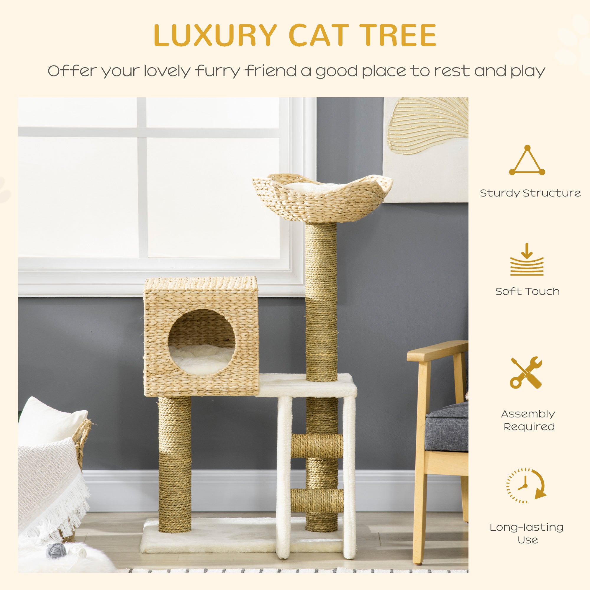 39.5" Natural Cattail Weave Cat Tree - Boho Rattan Cat Tower with Wicker Condo & Bed, 3-Tier Kitty Activity Center with Ladder & Washable Cushions