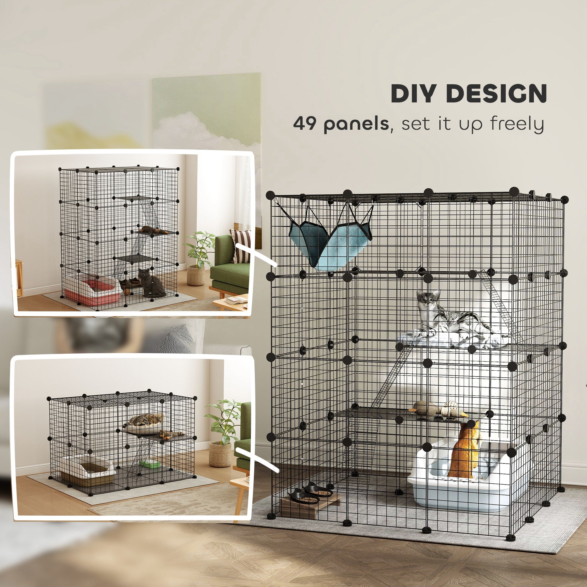 DIY 4 Tier Cat Cage Indoor with Hammock, Ramps, Jumping Platforms, Doors, Cat Enclosure for 1-3 Cats, 3 x 3 x 4, Black