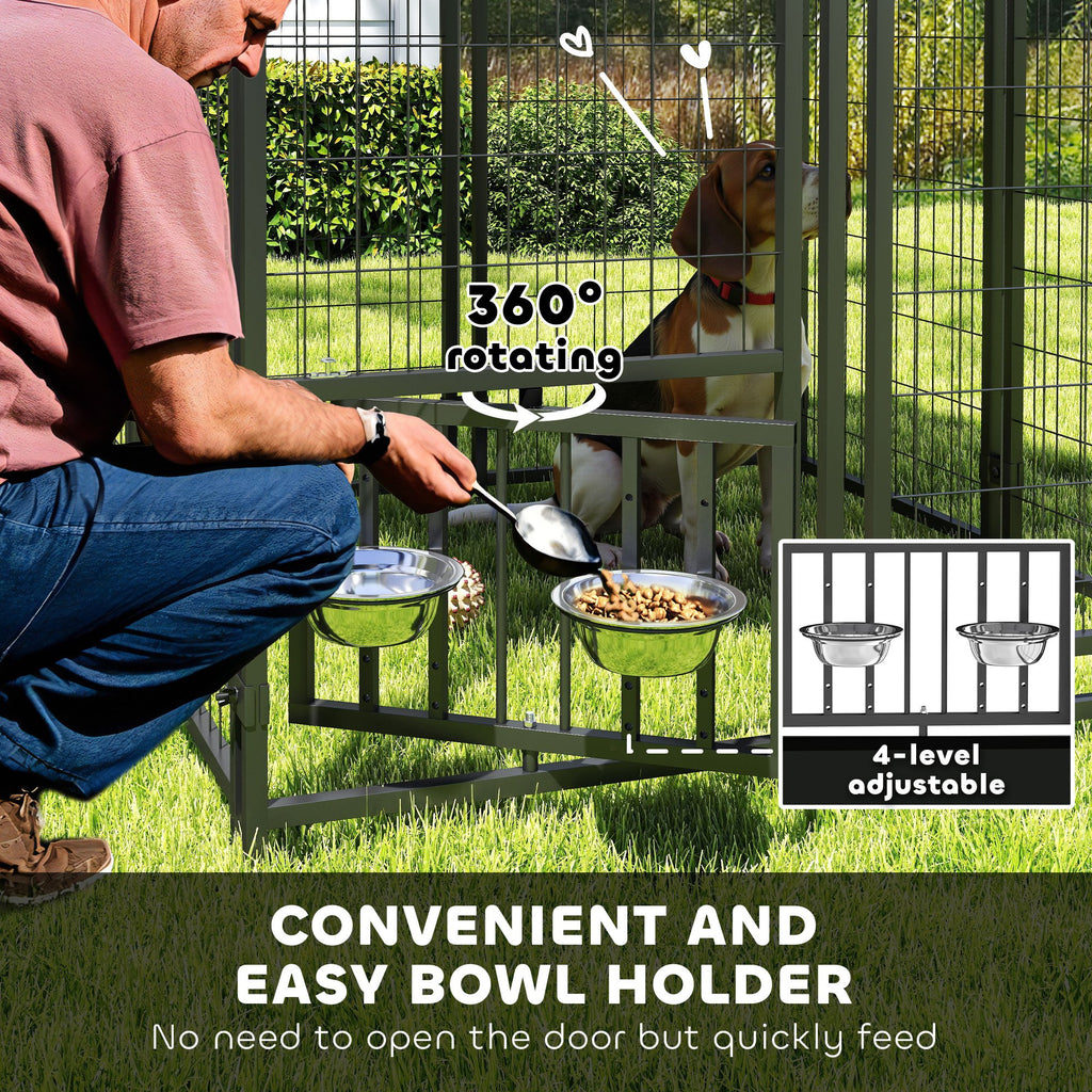 Welded Wire Outdoor Dog Kennel with 360¡ã Rotating & 4 Levels Adjustable Bowls, Waterproof Cover, 3.9' x 3.9' x 4.5'