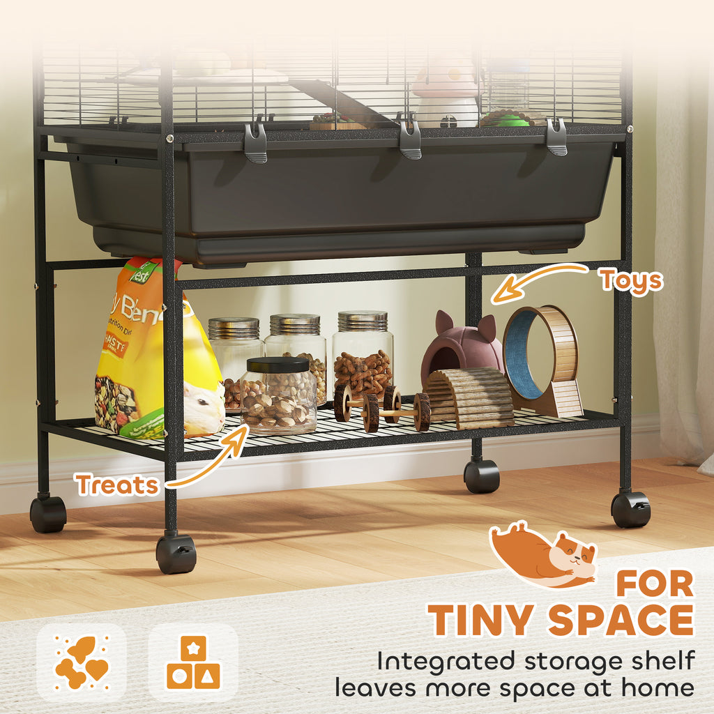 3-Tier Rolling Hamster Cage with Wheels - Large Rat Cage with Deep No-Leak Tray, Storage Shelf & Exercise Wheel, Full Habitat with Tubes, Hut, Gray