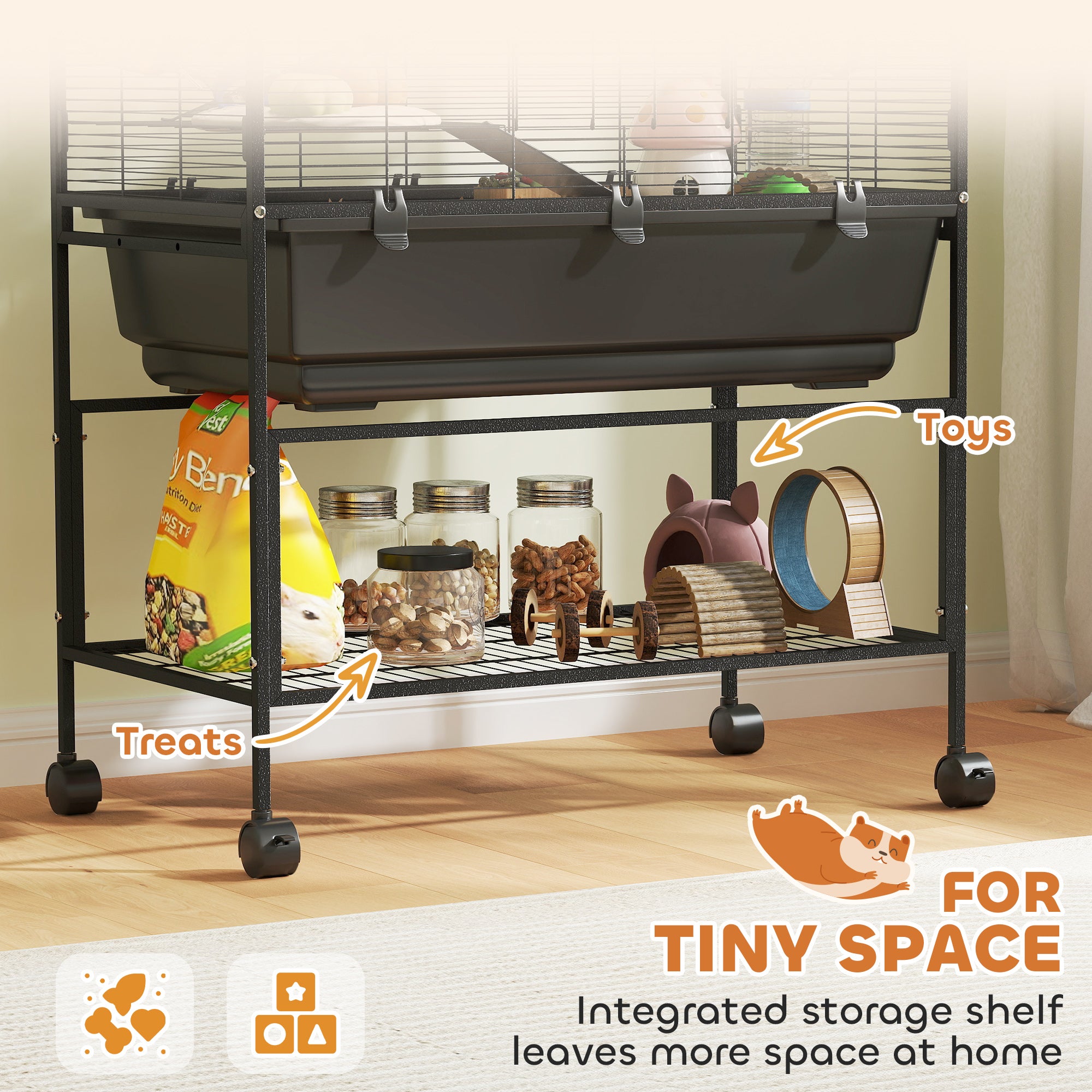 3-Tier Rolling Hamster Cage with Wheels - Large Rat Cage with Deep No-Leak Tray, Storage Shelf & Exercise Wheel, Full Habitat with Tubes, Hut, Gray