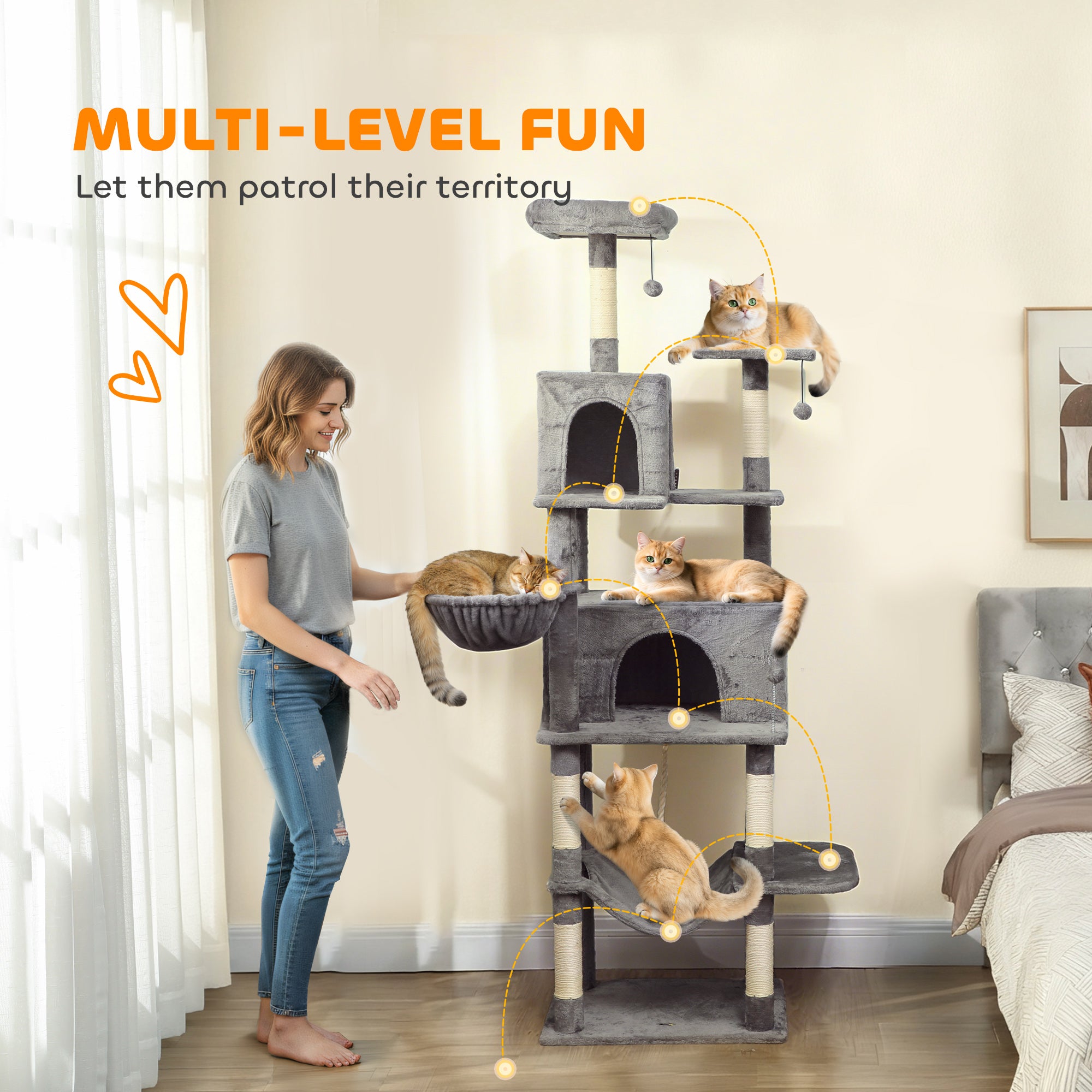 80" Tall Cat Tree for Indoor Cats, Multi-Level Cat Tower with 2 Condos, 2 Hammocks & 6 Sisal Posts, Heavy Duty Activity Center, Dark Gray