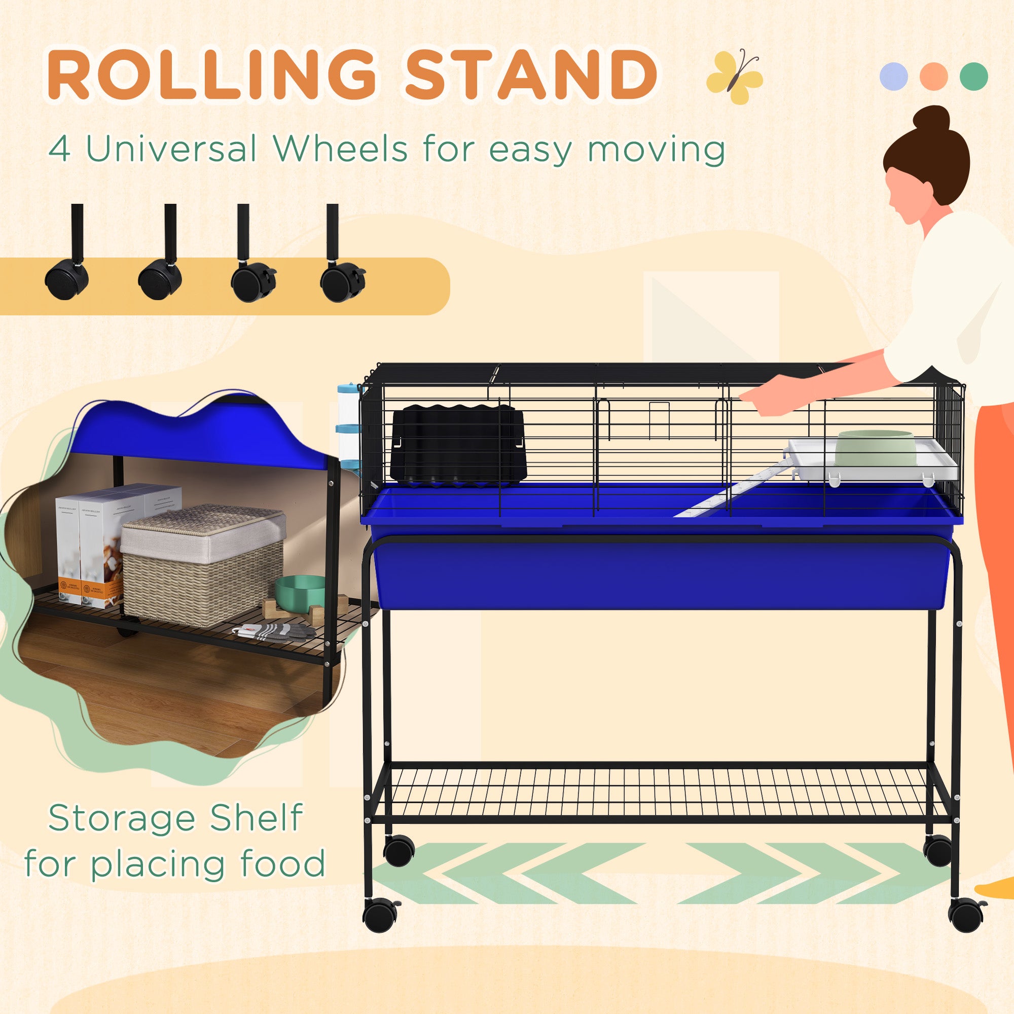 Two-Story Small Animal Cage Removable from Stand, Pet Habitat with Shelf & Wheels, 39" x 20.5" x 36.5", Blue