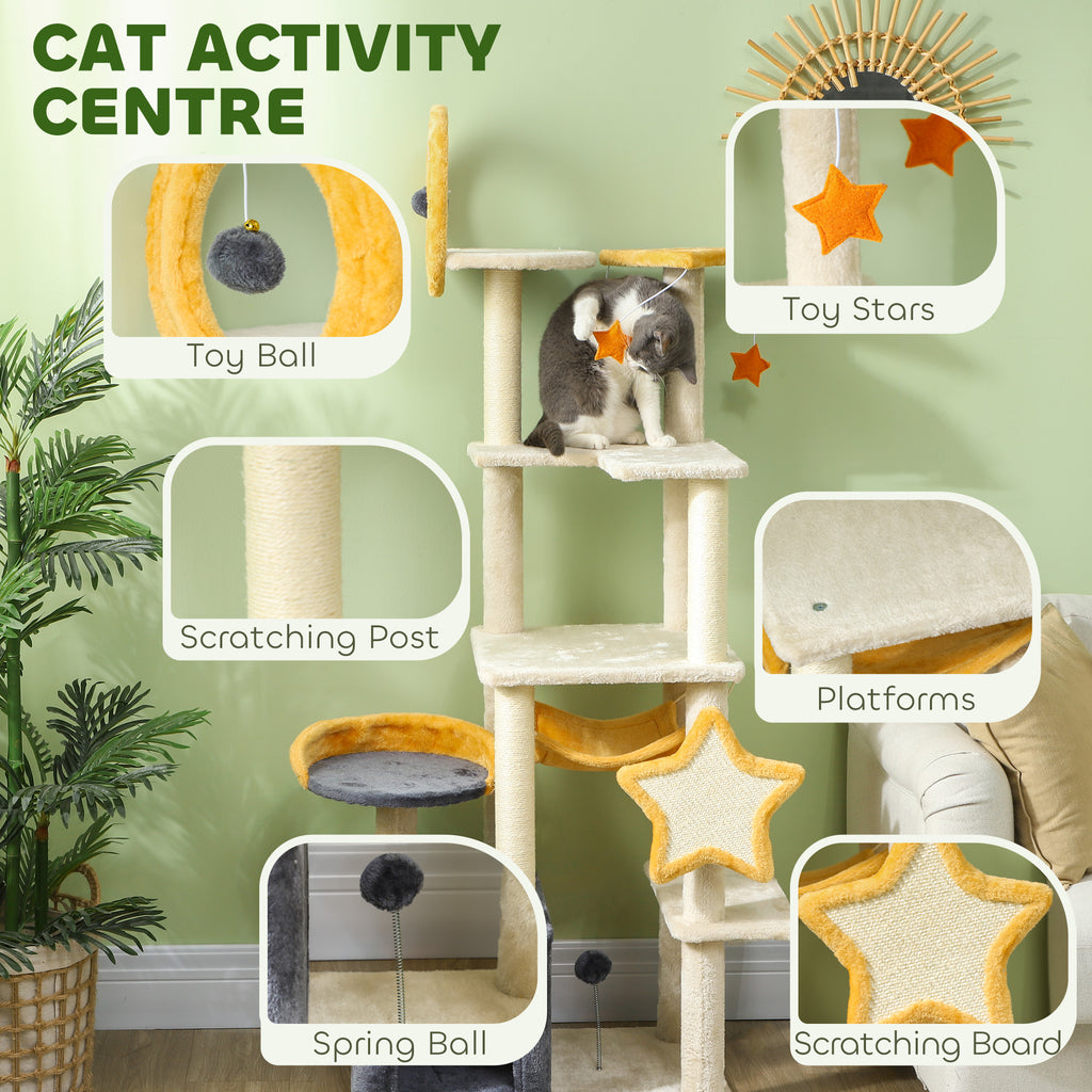 63 Inch Moon and Star Themed Cat Tree with Scratching Post, Hammock, Condo, Bed, Scratching Board & Cat Toys, Beige