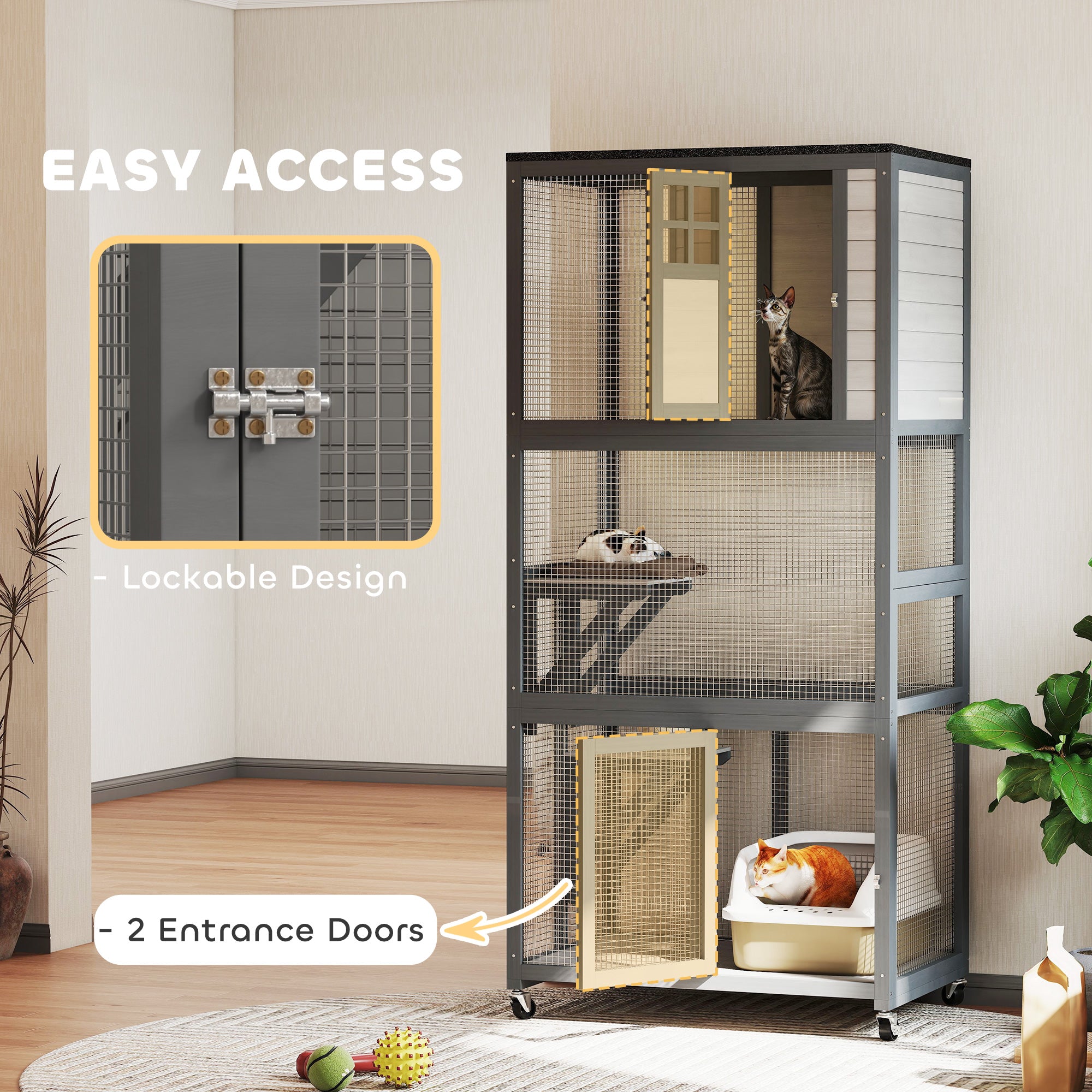 74" Wooden Outdoor Cat House Catio with High Weight Capacity, Cat Cage Condo, Dark Gray