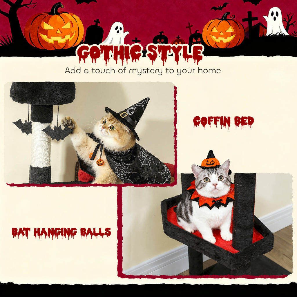 78" Gothic Cat Tree with Coffin Bed - Tall Cat Tower for Indoor Cats with 2 Spacious Condos & Sisal Scratching Posts, Unique Bat Hanging Toys, Halloween Furniture