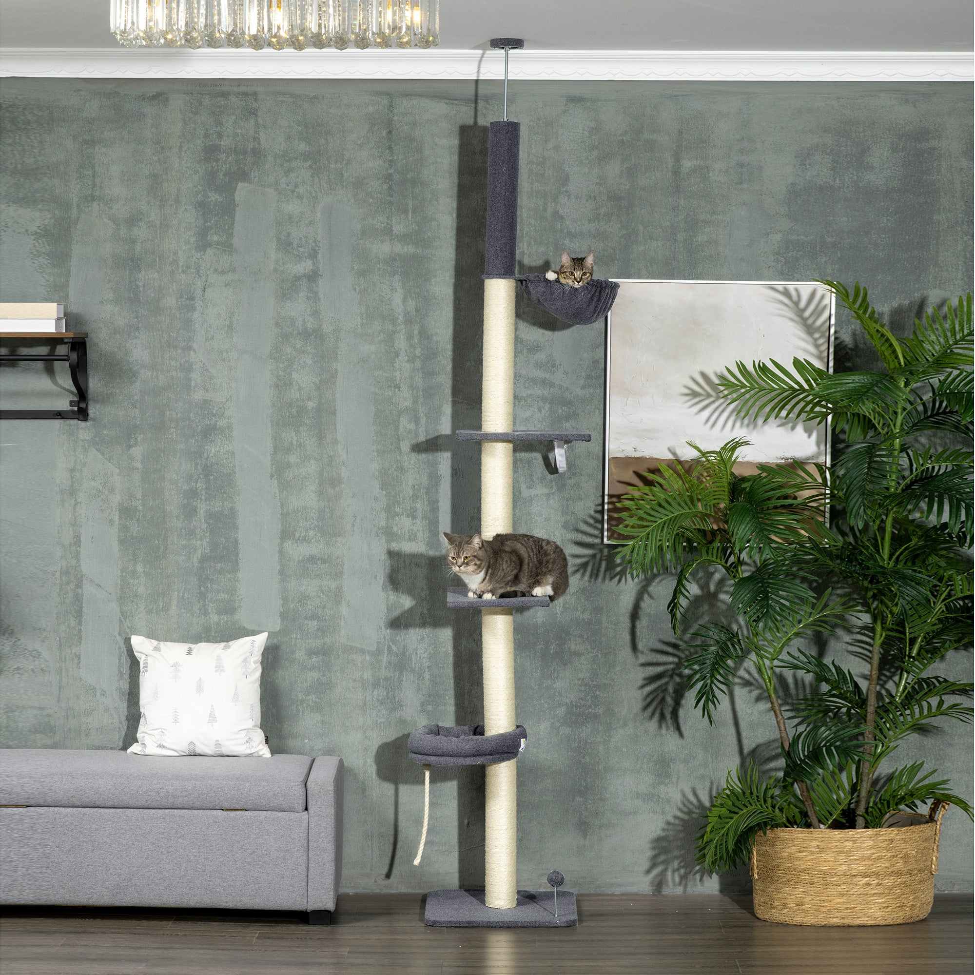 Floor-to-Ceiling Cat Tree 5-Tier, 95¨C106in Adjustable Height, Bed & Hammock, Scratching Posts with Toy, Indoor Cat Tower, Dark Gray/Cream