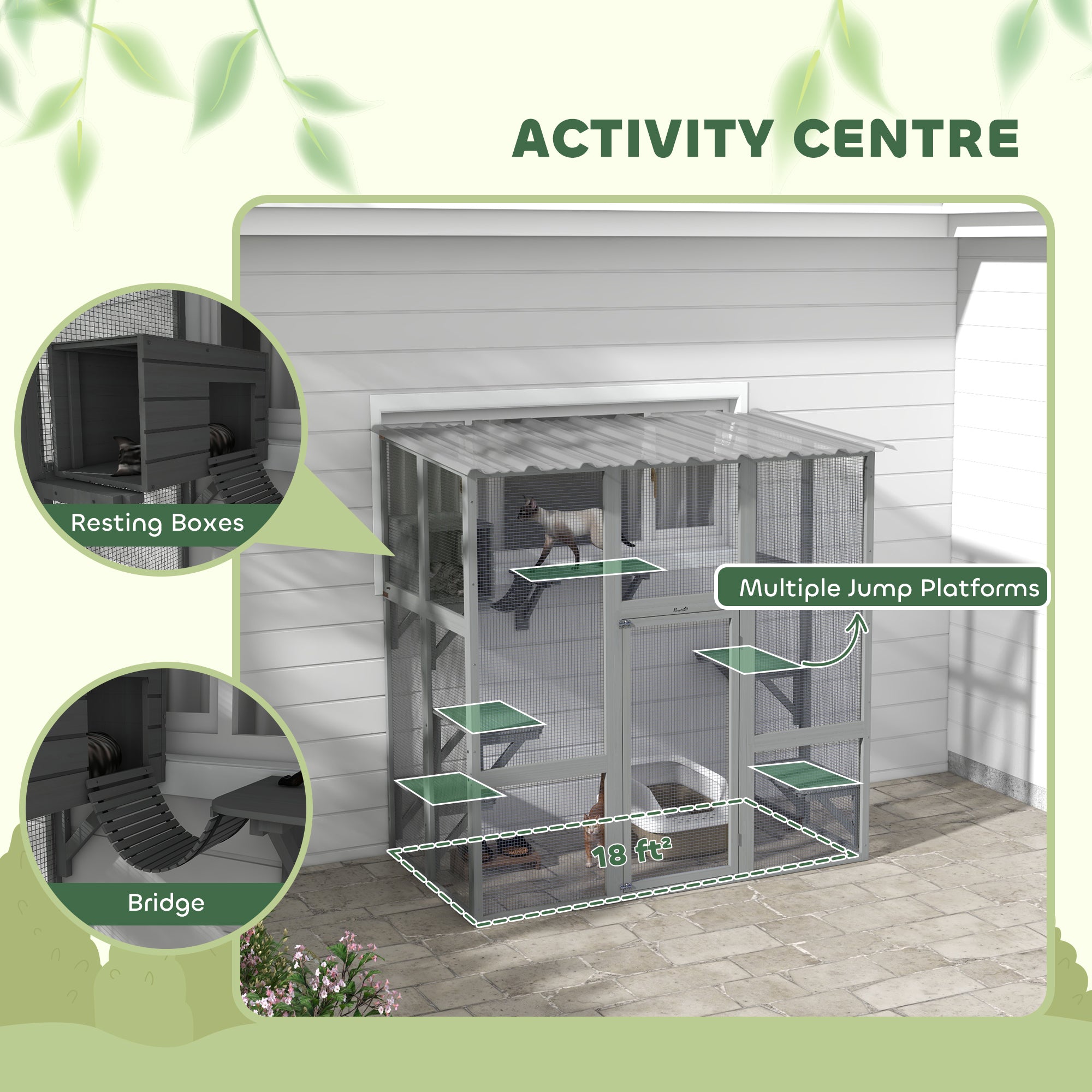 Catio Outdoor Cat Enclosure, Window Box Wooden Cat House with Bridge Platforms, Gray