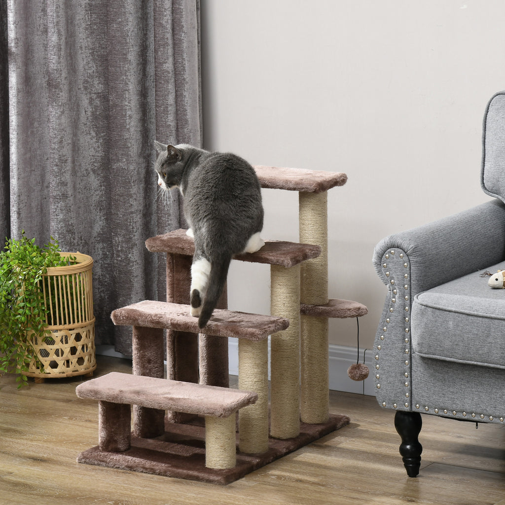 4-Level Cat Steps for High Bed & Sofa - Brown Pet Stairs with Integrated Sisal Scratching Posts, Soft Flannel Platforms & Hanging Toy Ball, Portable Ladder for Senior Cats & Kittens