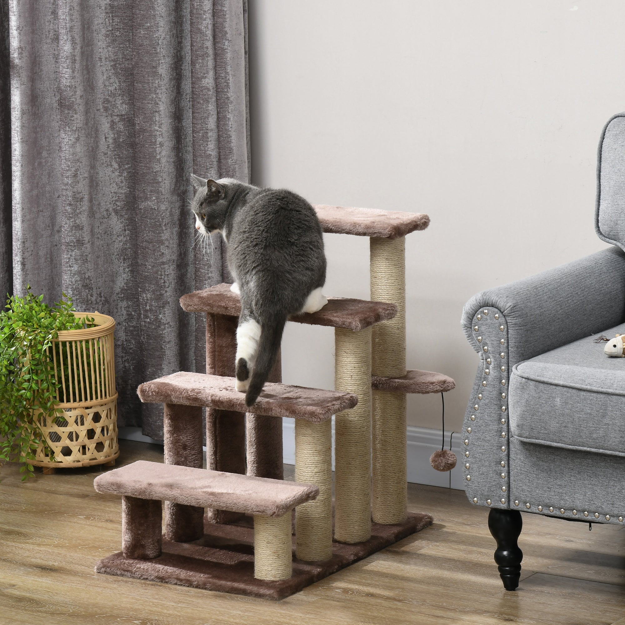 4-Level Cat Steps for High Bed & Sofa - Brown Pet Stairs with Integrated Sisal Scratching Posts, Soft Flannel Platforms & Hanging Toy Ball, Portable Ladder for Senior Cats & Kittens