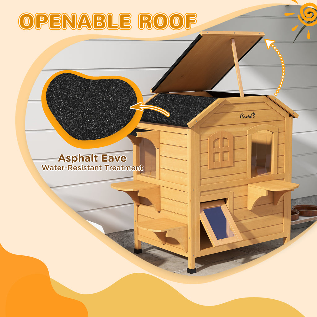 ?2-story Cat House Outdoor, Weatherproof?Wooden Cat Enclosure for Feral Cats with Escape Door, Openable Roof, Jumping Platforms, Natural