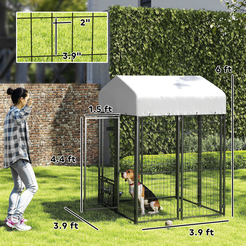 Welded Wire Outdoor Dog Kennel with 360¡ã Rotating & 4 Levels Adjustable Bowls, Waterproof Cover, 3.9' x 3.9' x 6'