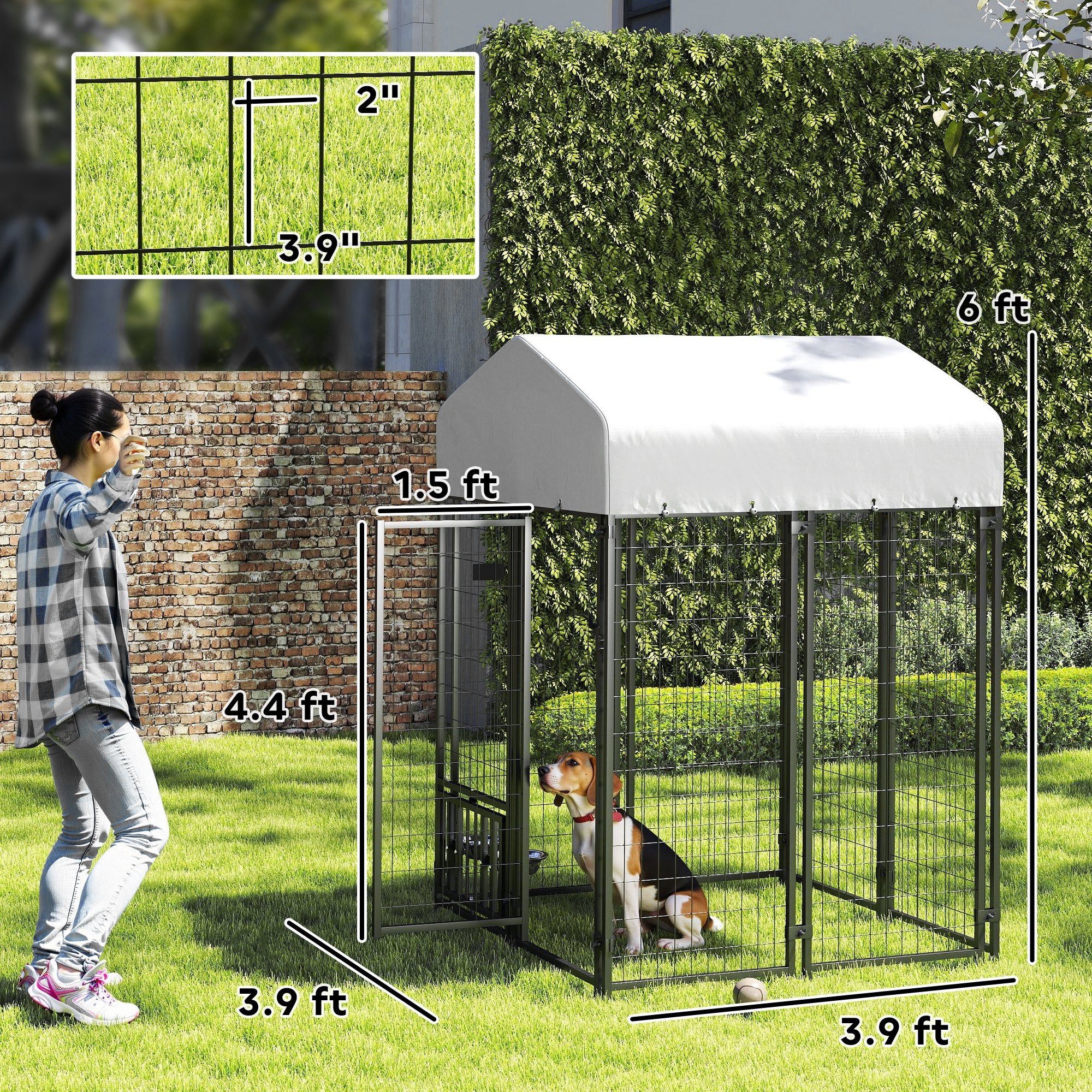Welded Wire Outdoor Dog Kennel with 360¡ã Rotating & 4 Levels Adjustable Bowls, Waterproof Cover, 3.9' x 3.9' x 6'