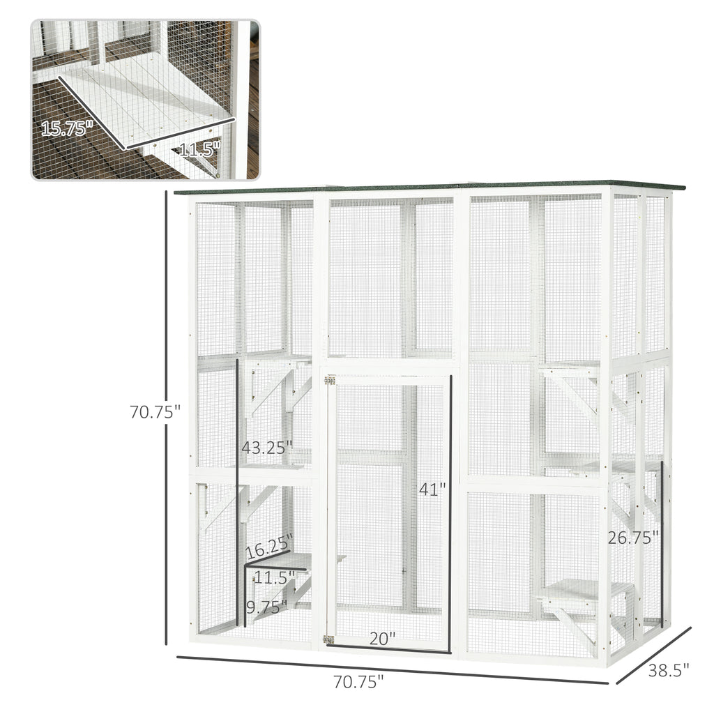 Outdoor Cat House Big Catio Wooden Feral Cat Shelter Enclosure with Large Spacious Interior, 6 High Ledges, Weather Protection Asphalt Roof, 71" L, White