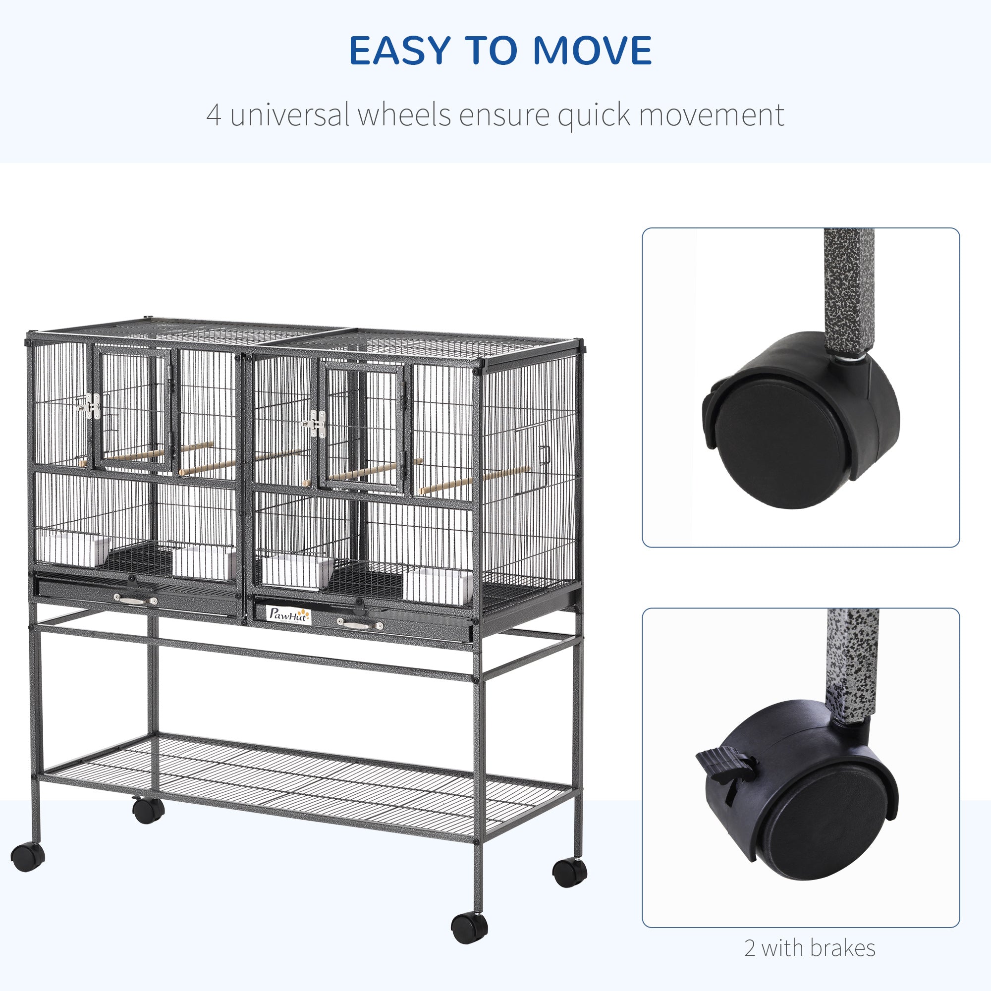 Divided Breeder Bird Cage with Rolling Stand Removable Metal Tray, Storage Shelf, Wood Perch, and Food Container