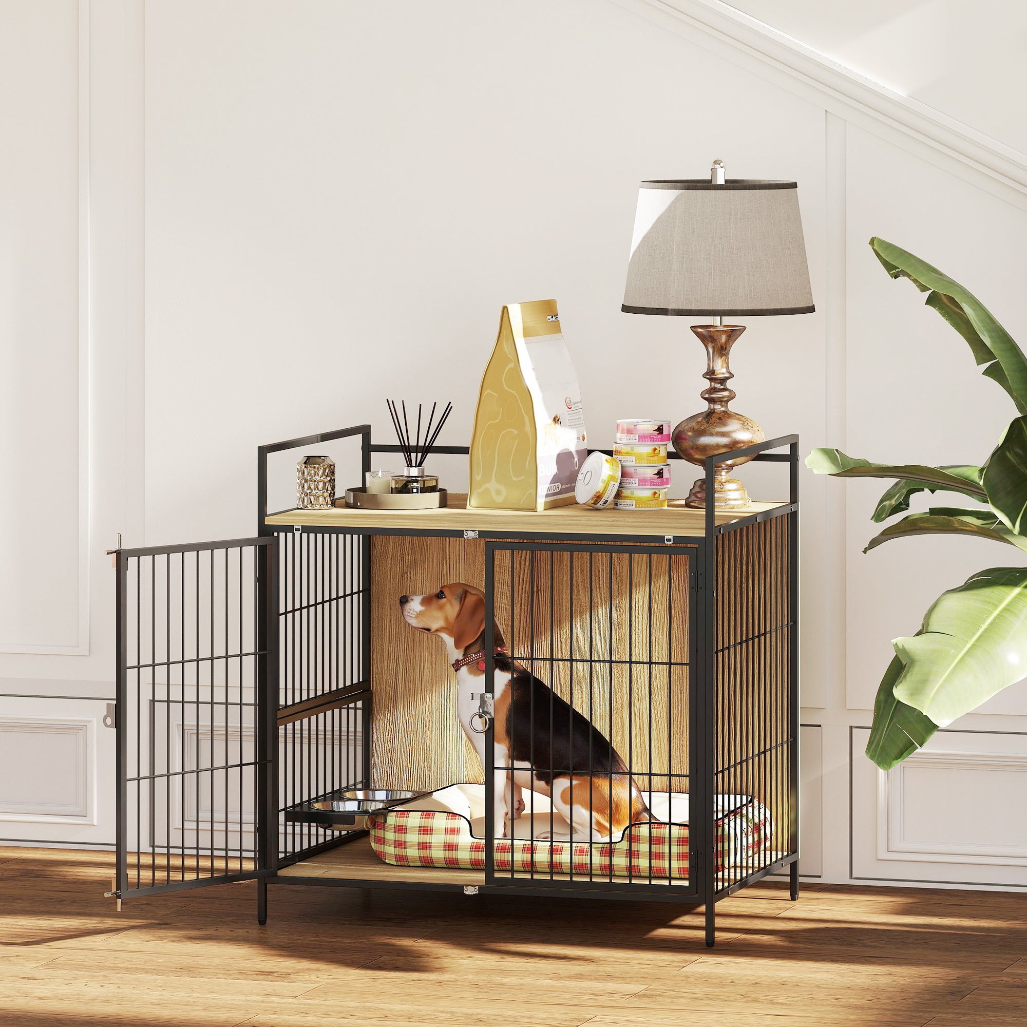 30 Inch Dog Crate Furniture, Indoor Pet Kennel Side Table with Rotatable Bowls, 2 Anti-Escape Doors, for M Dogs, Oak