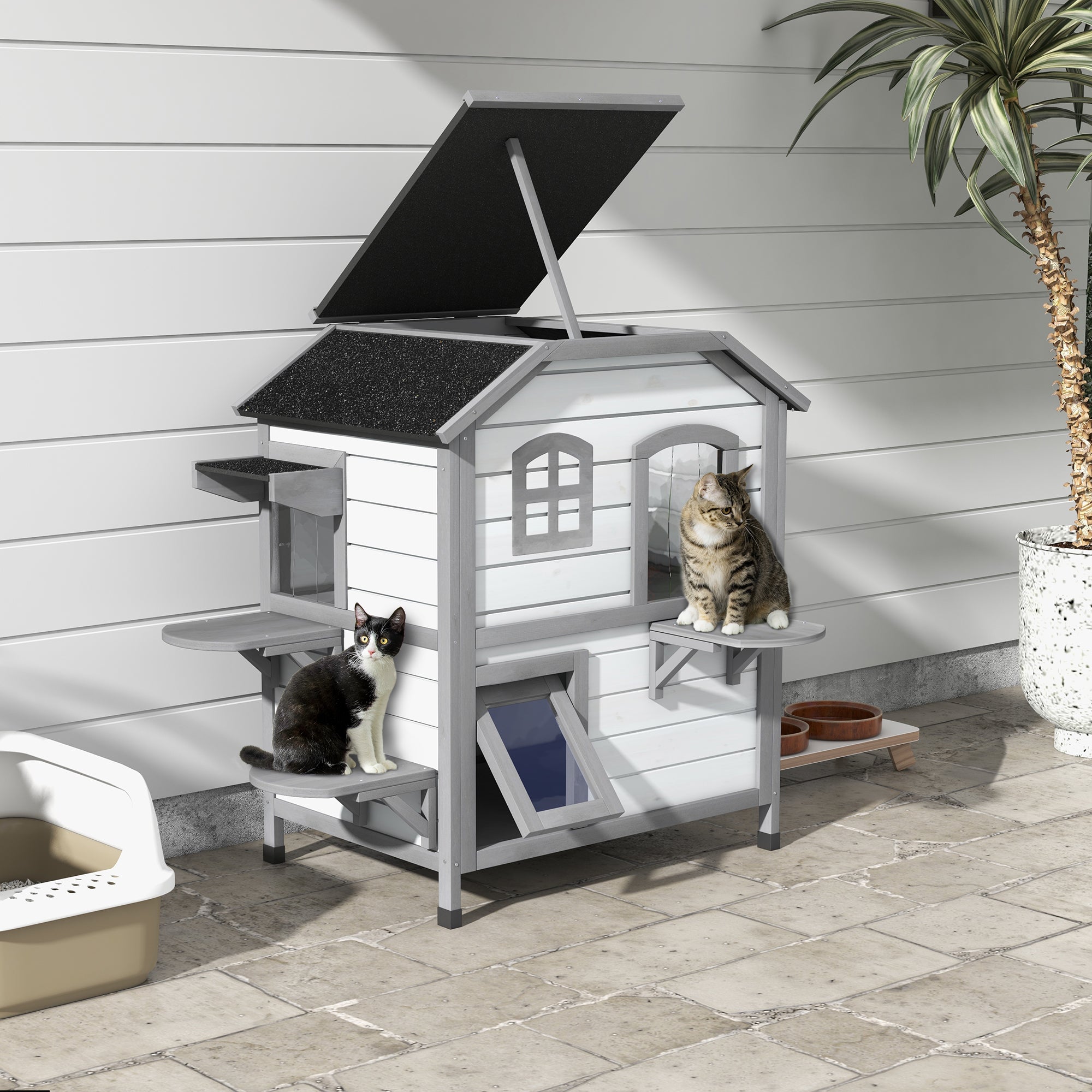 ?2-story Cat House Outdoor, Weatherproof?Wooden Cat Enclosure for Feral Cats with Escape Door, Openable Roof, Jumping Platforms, White