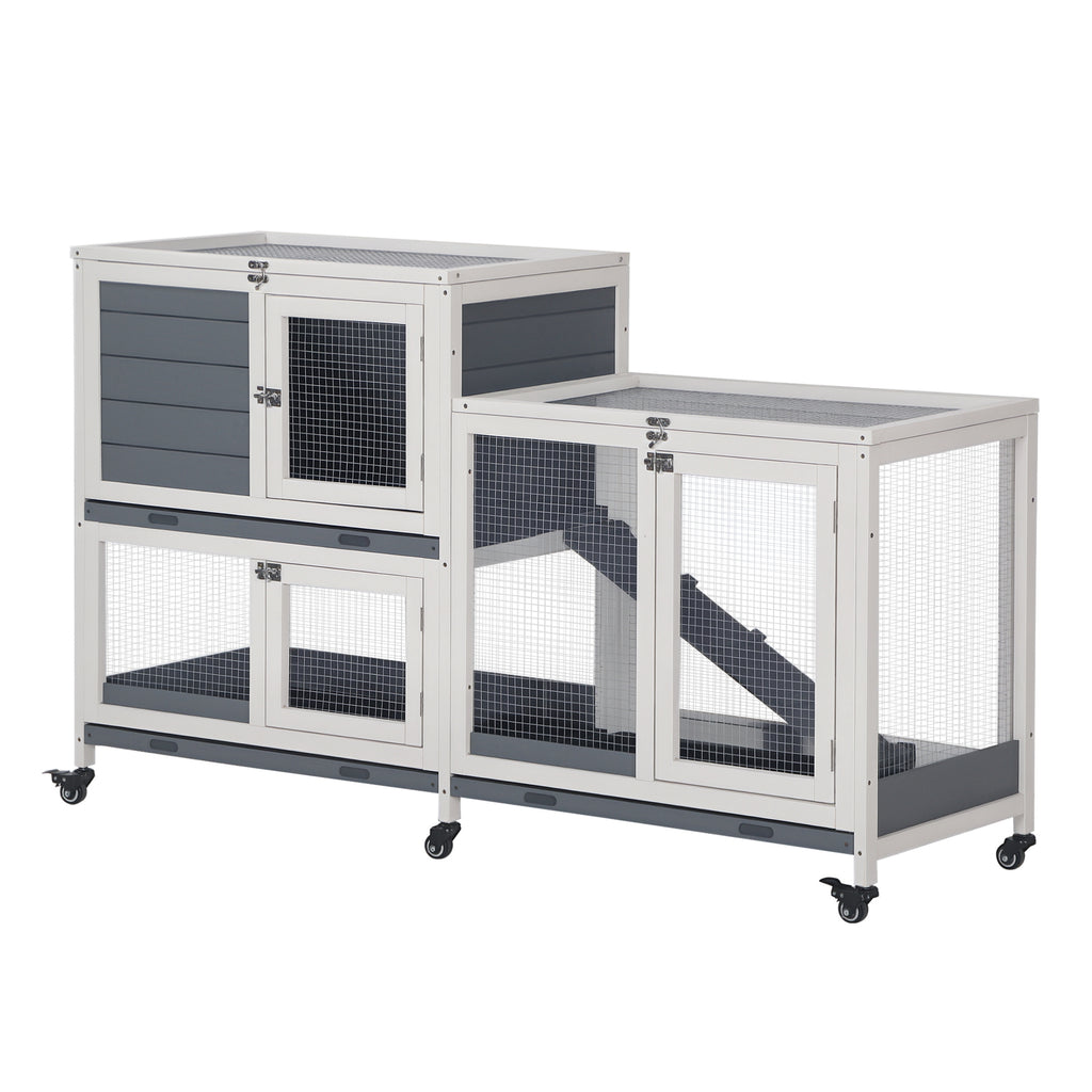 Wooden Rabbit Hutch Bunny Hutch Elevated Pet House Cage Small Animal Habitat with No Leak Tray Lockable Door Openable Top for Rabbits, Chickens, Ducks, Indoor 57.75" x 18" x 32.5" Gray