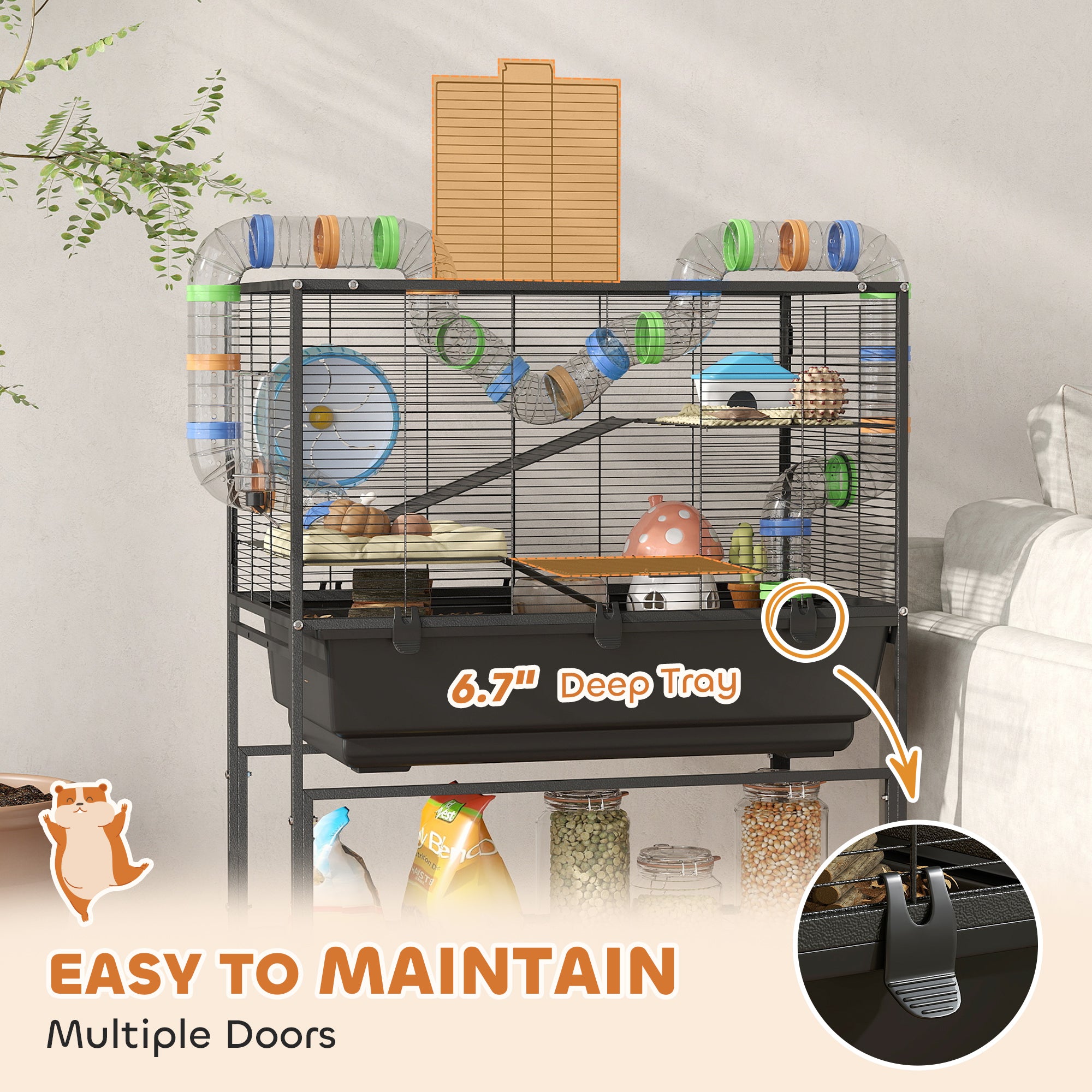 3-Tier Rolling Hamster Cage with Wheels - Large Rat Cage with Deep No-Leak Tray, Storage Shelf & Exercise Wheel, Full Habitat with Tubes, Hut, Gray