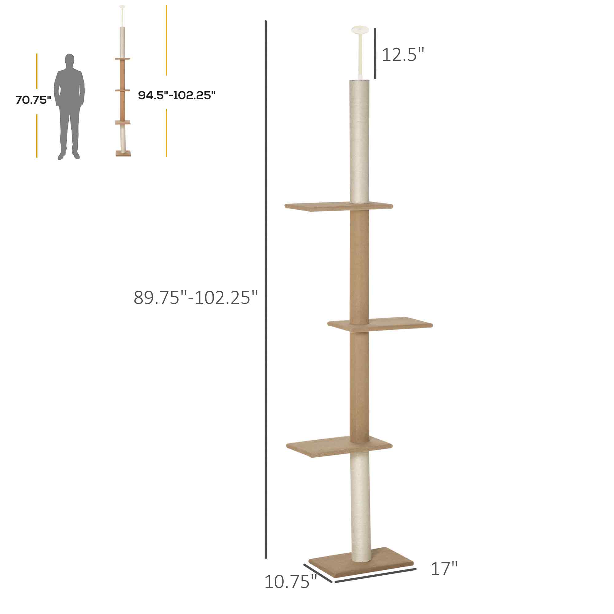 Light Brown Floor to Ceiling Cat Tree - Adjustable Height 4-Tier Cat Tower with Sisal Scratching Posts, Stable Activity Center Furniture for Indoor Kittens