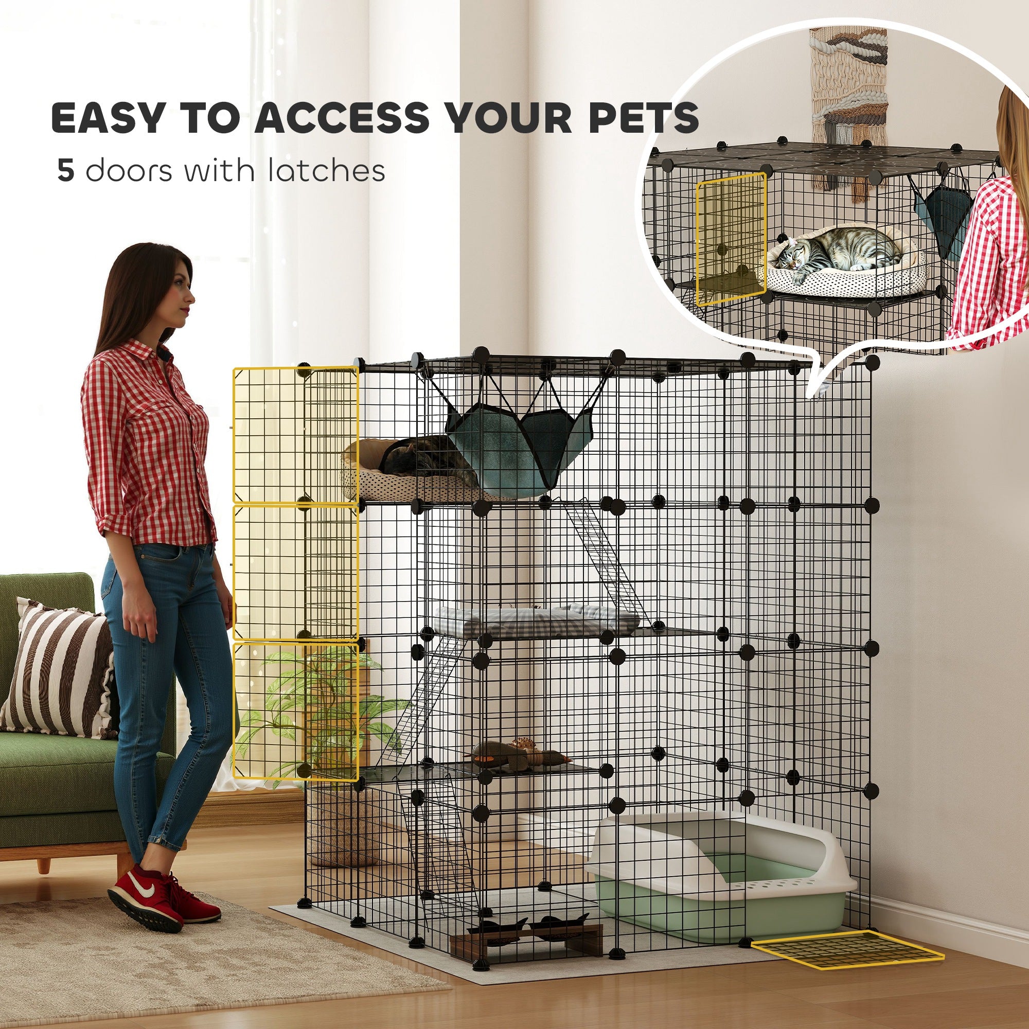 DIY 4 Tier Cat Cage Indoor with Hammock, Ramps, Jumping Platforms, Doors, Cat Enclosure for 1-3 Cats, 3 x 3 x 4, Black