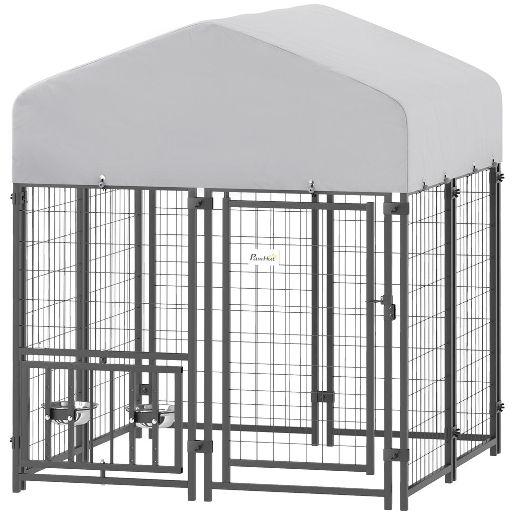 Welded Wire Outdoor Dog Kennel with 360¡ã Rotating & 4 Levels Adjustable Bowls, Waterproof Cover, 3.9' x 3.9' x 4.5'