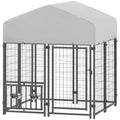 Welded Wire Outdoor Dog Kennel with 360¡ã Rotating & 4 Levels Adjustable Bowls, Waterproof Cover, 3.9' x 3.9' x 4.5'