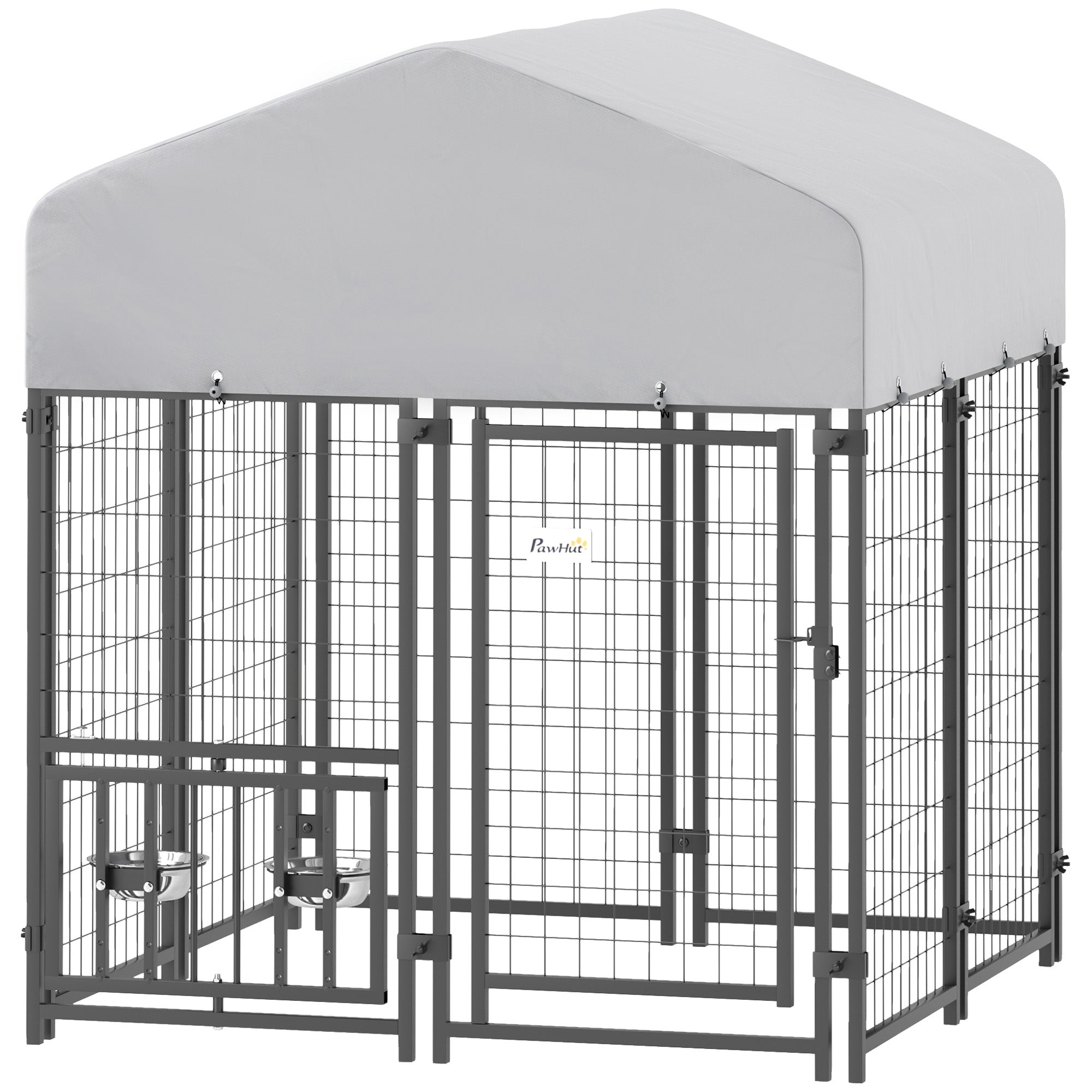 Welded Wire Outdoor Dog Kennel with 360¡ã Rotating & 4 Levels Adjustable Bowls, Waterproof Cover, 3.9' x 3.9' x 4.5'