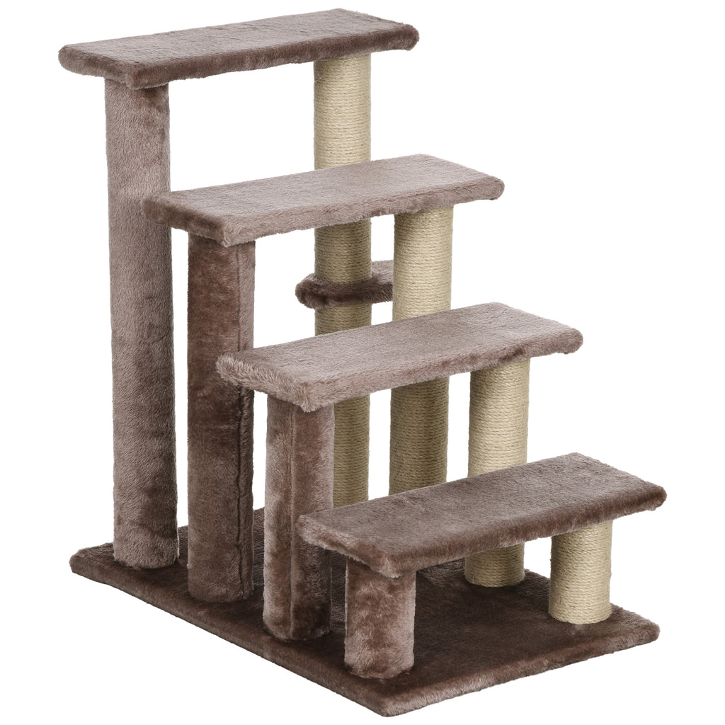 4-Level Cat Steps for High Bed & Sofa - Brown Pet Stairs with Integrated Sisal Scratching Posts, Soft Flannel Platforms & Hanging Toy Ball, Portable Ladder for Senior Cats & Kittens