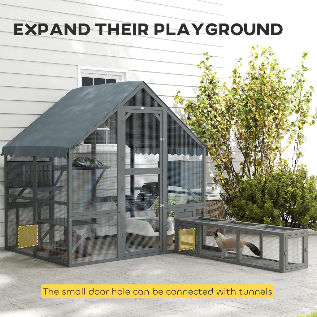 Wooden Catio Outdoor Cat Enclosure with Waterproof Cover, 2 Condos, 4 Platforms, Bridge, Doors, Gray