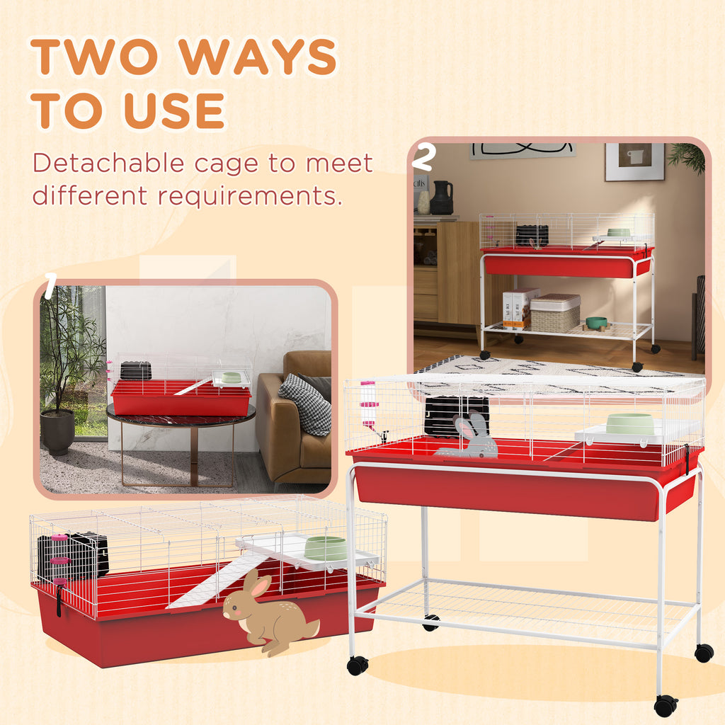 Two-Story Small Animal Cage Removable from Stand, Pet Habitat with Shelf & Wheels, 39" x 20.5" x 36.5", Red