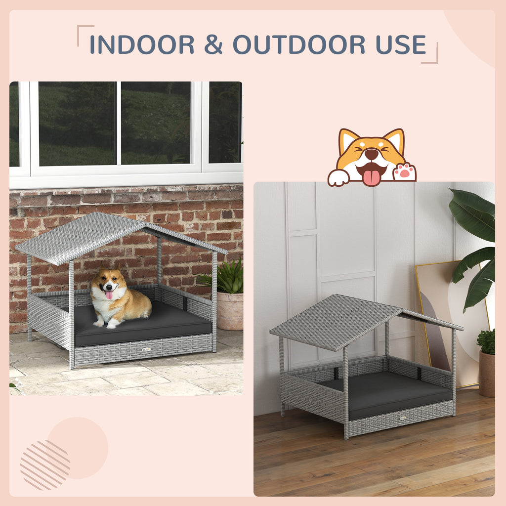 Wicker Dog House Outdoor with Canopy, Rattan Dog Bed with Water-resistant Cushion, Raised Pet Bed for Small, Medium Breeds up to 66 lbs, 20" in Length, Silver Wicker, Gray Cushion