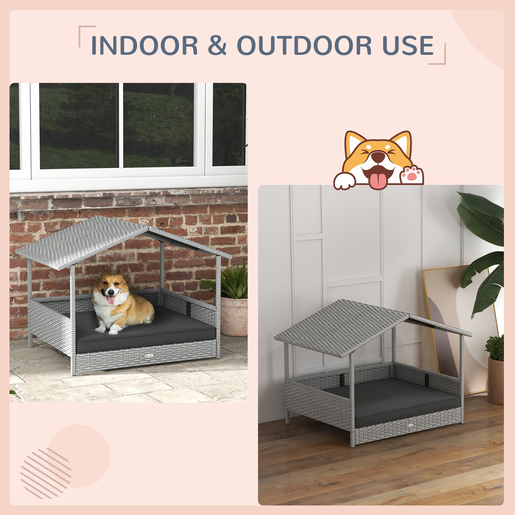 Wicker Dog House Outdoor with Canopy, Rattan Dog Bed with Water-resistant Cushion, Raised Pet Bed for Small, Medium Breeds up to 66 lbs, 20" in Length, Silver Wicker, Gray Cushion