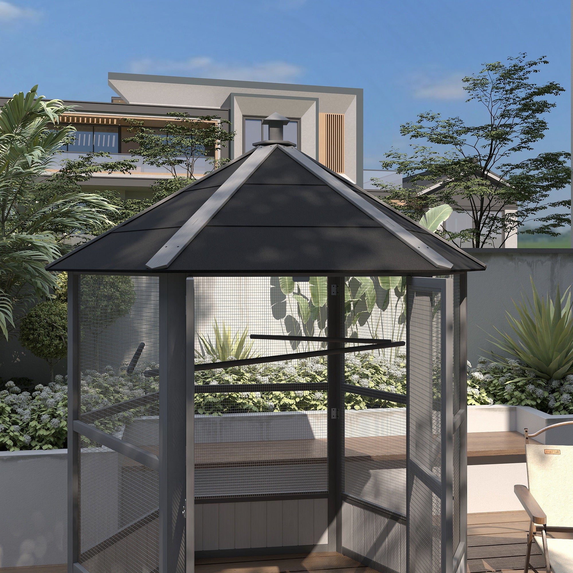 69" Wooden Hexagonal Outdoor Aviary Flight Bird Cage With Covered Roof, Light Gray