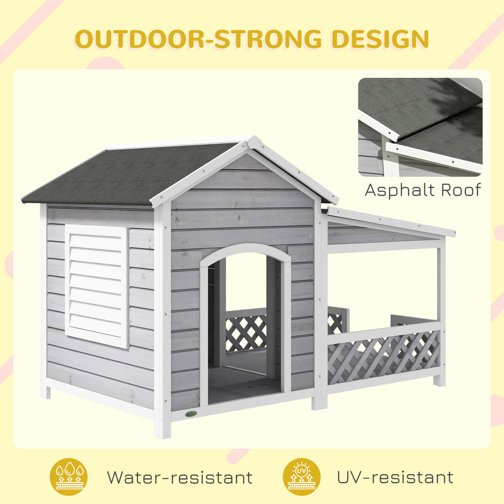 Wooden Dog House Outdoor with Porch, Cabin Style Raised Dog Shelter with Asphalt Roof, Doors, and Shutter Window, for Medium Large Sized Dog, Light Gray