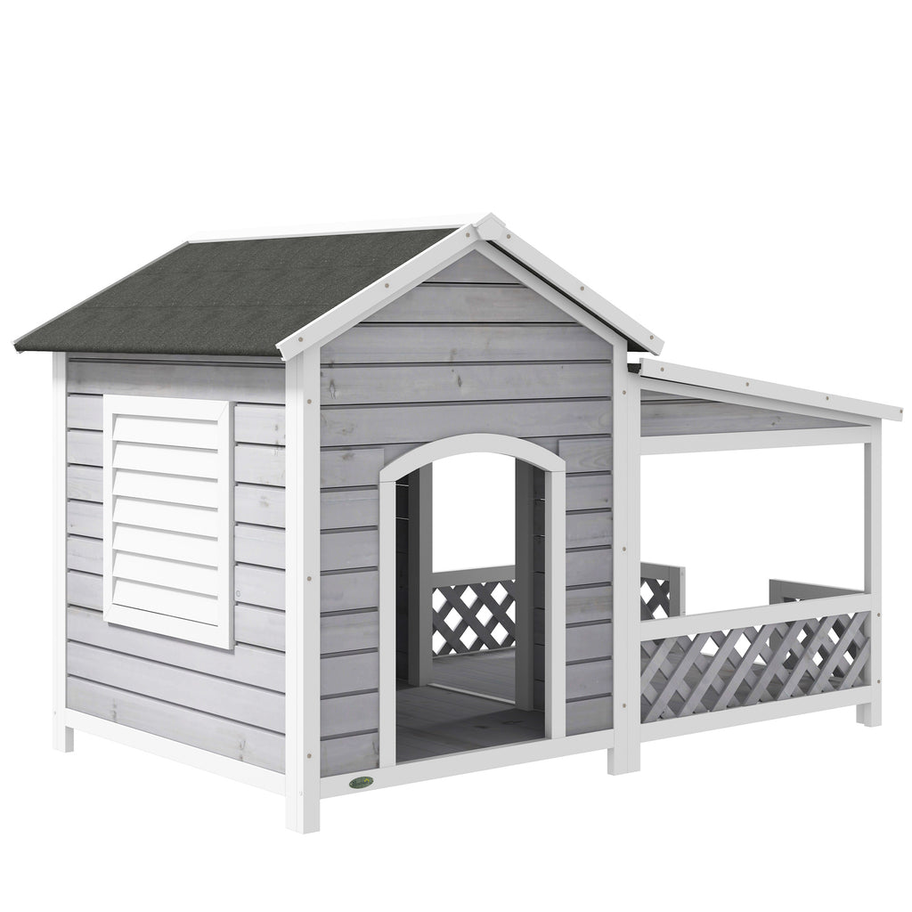 Wooden Dog House Outdoor with Porch, Cabin Style Raised Dog Shelter with Asphalt Roof, Doors, and Shutter Window, for Medium Large Sized Dog, Light Gray