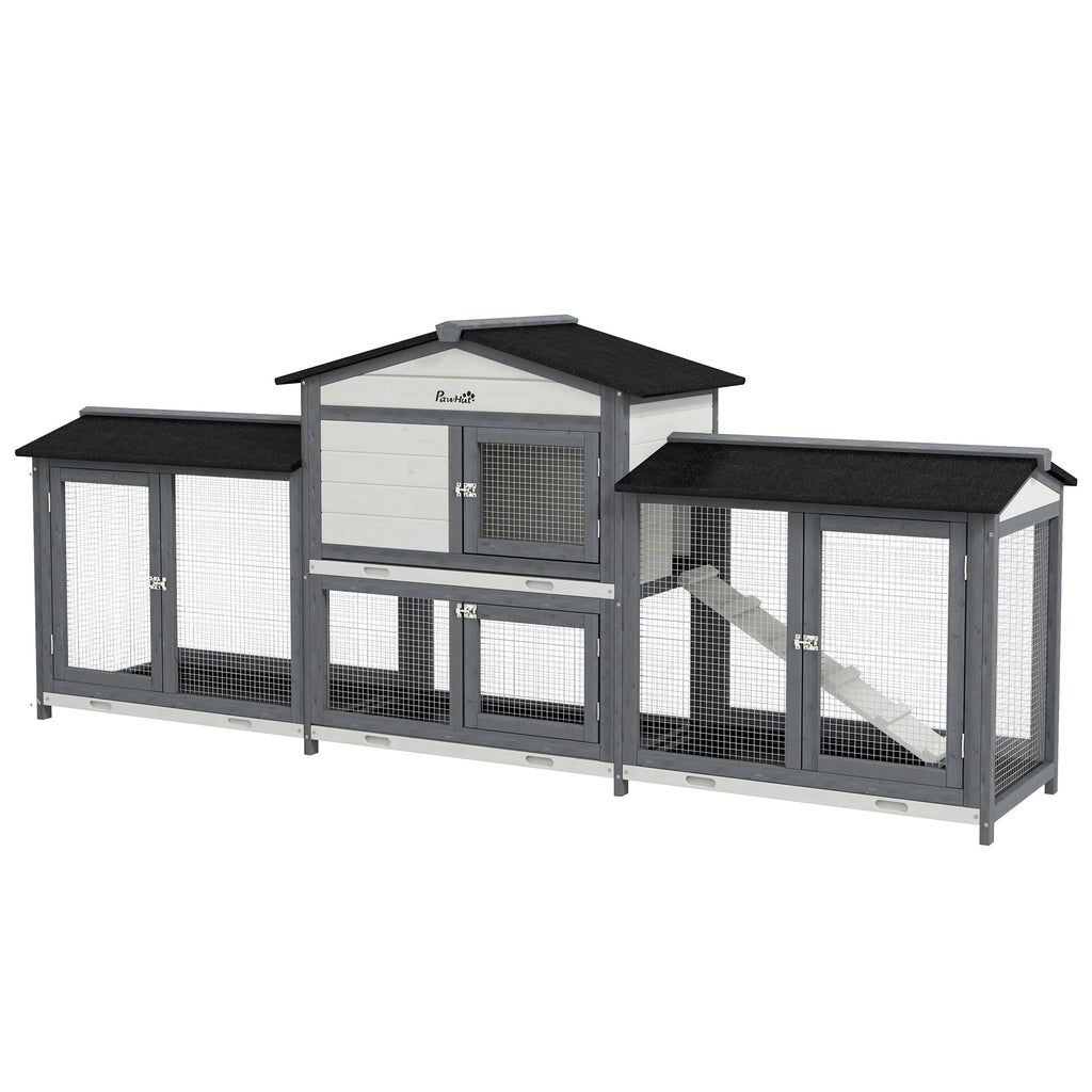 90.5" Wooden Rabbit Hutch Bunny Cage Pet Playpen House Enclosure with Double Side Run Boxes, No Leak Tray, Ramp, for Rabbits, Chickens, Ducks, Guinea Pig and Small Animals, Light Gray