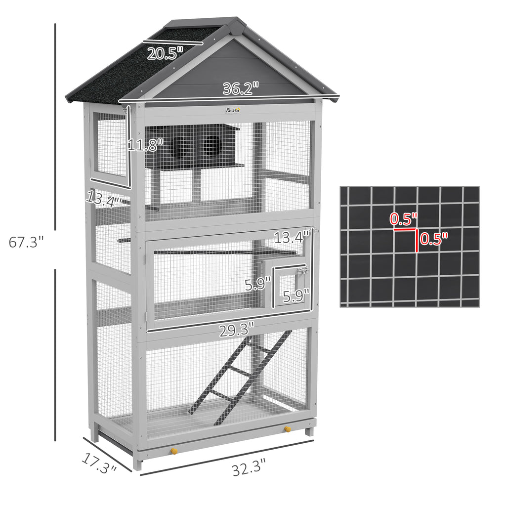 Wooden Bird Aviary with Slide-Out Tray, Birdhouse, Ladder, Perches for Finches, Parakeets, Gray