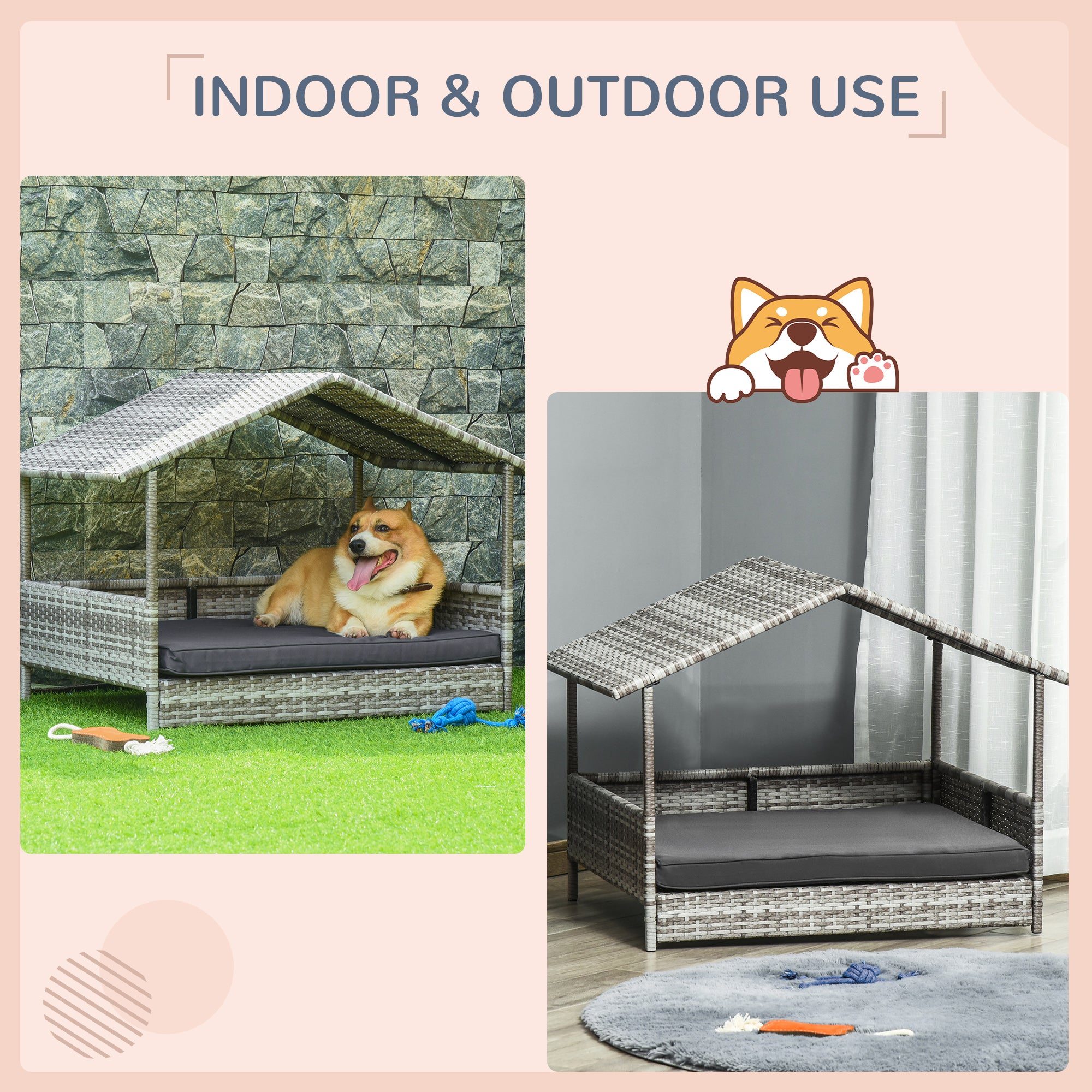 Wicker Dog House Elevated Raised Rattan Bed with Removable Cushion Lounge, Charcoal Gray