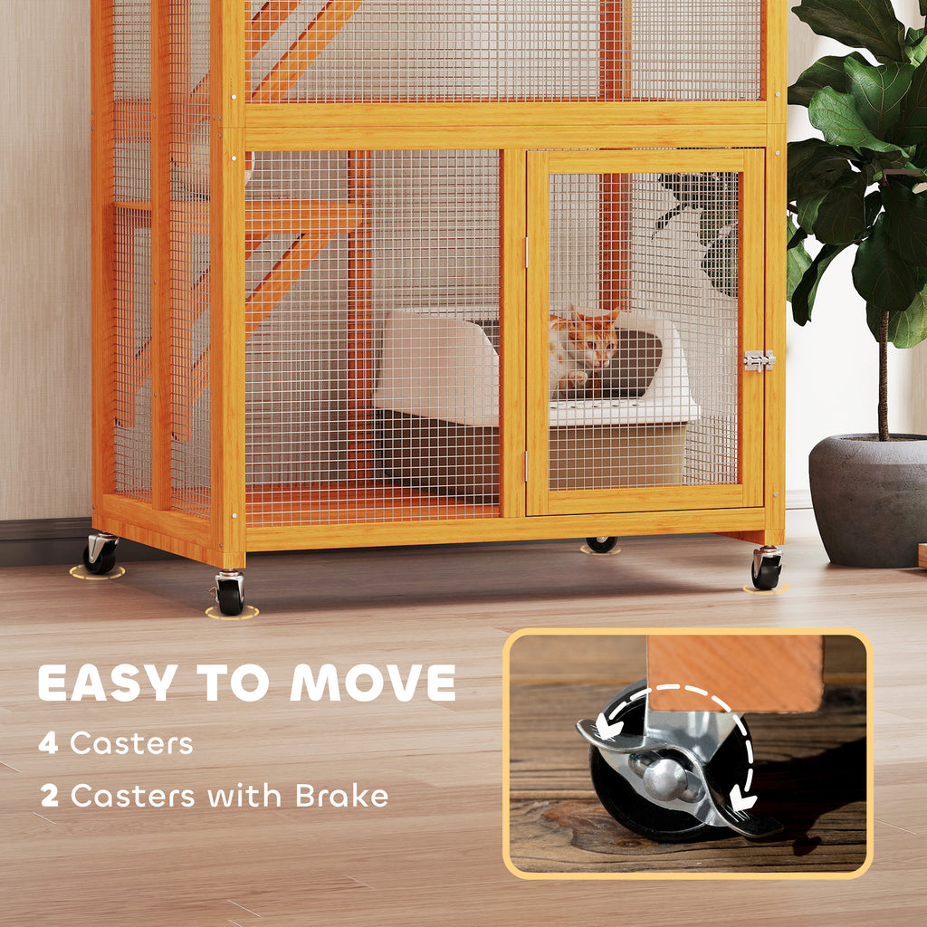 74" Wooden Outdoor Cat House Catio Outdoor Cat Enclosure, Orange